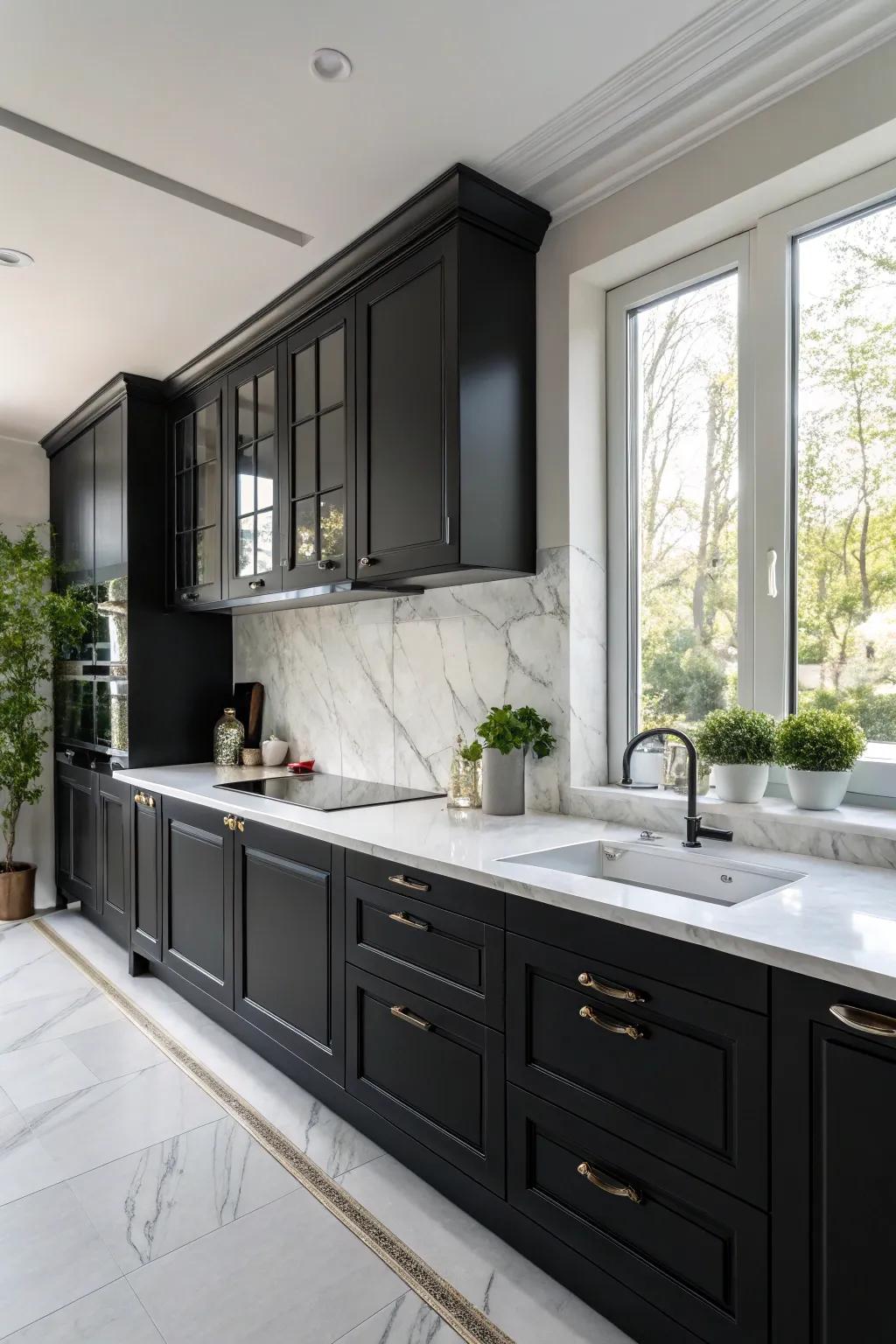 Impressive contrast between deep-shaded cabinets and alabaster stone worktops amplifies the kitchen's openness.