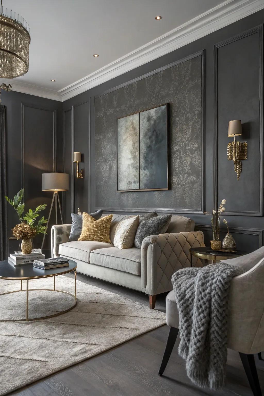 A chic charcoal grey living room with metallic touches and rich textures.