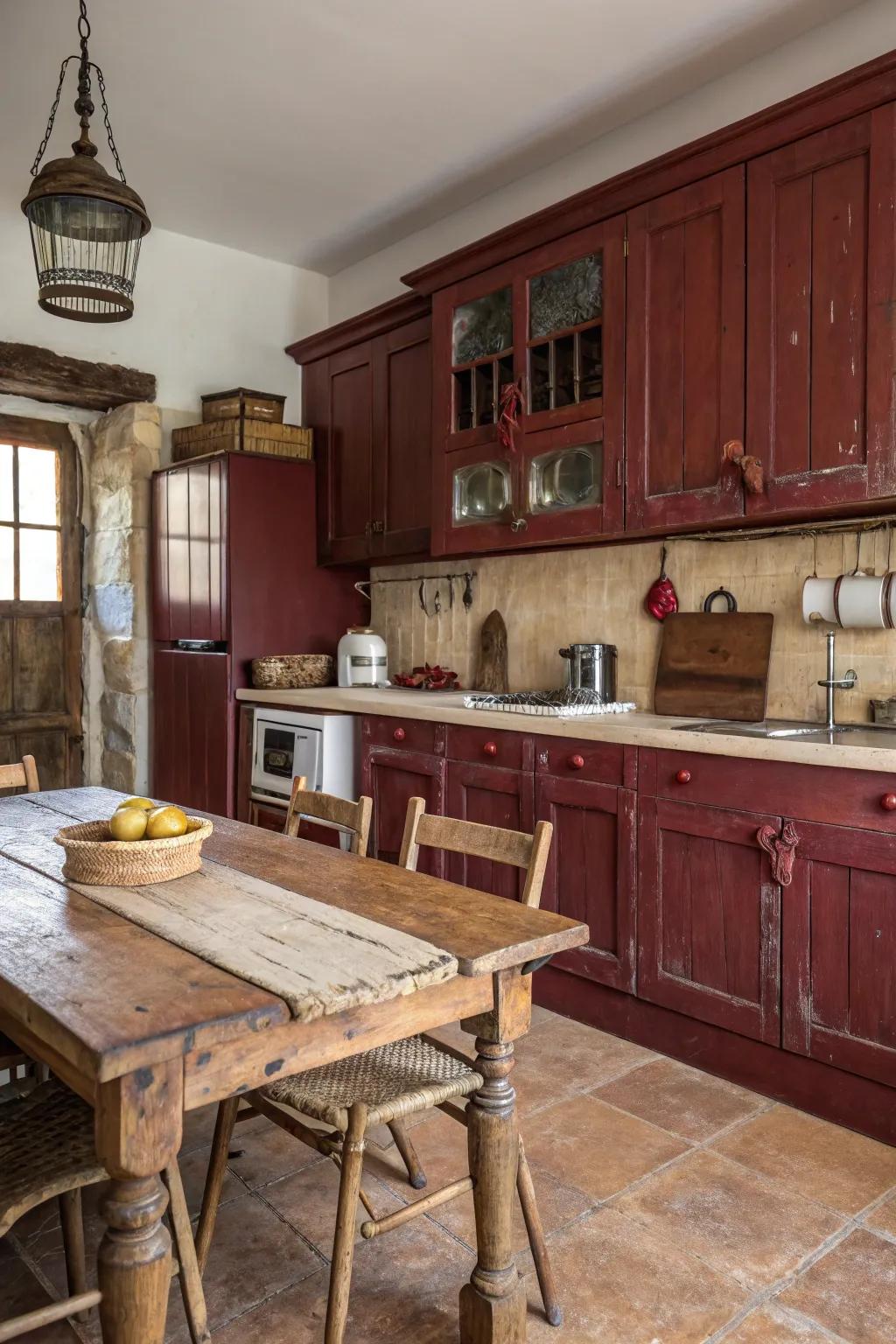Rustic-style kitchen highlighting scarlet-toned cabinets and wooden features.