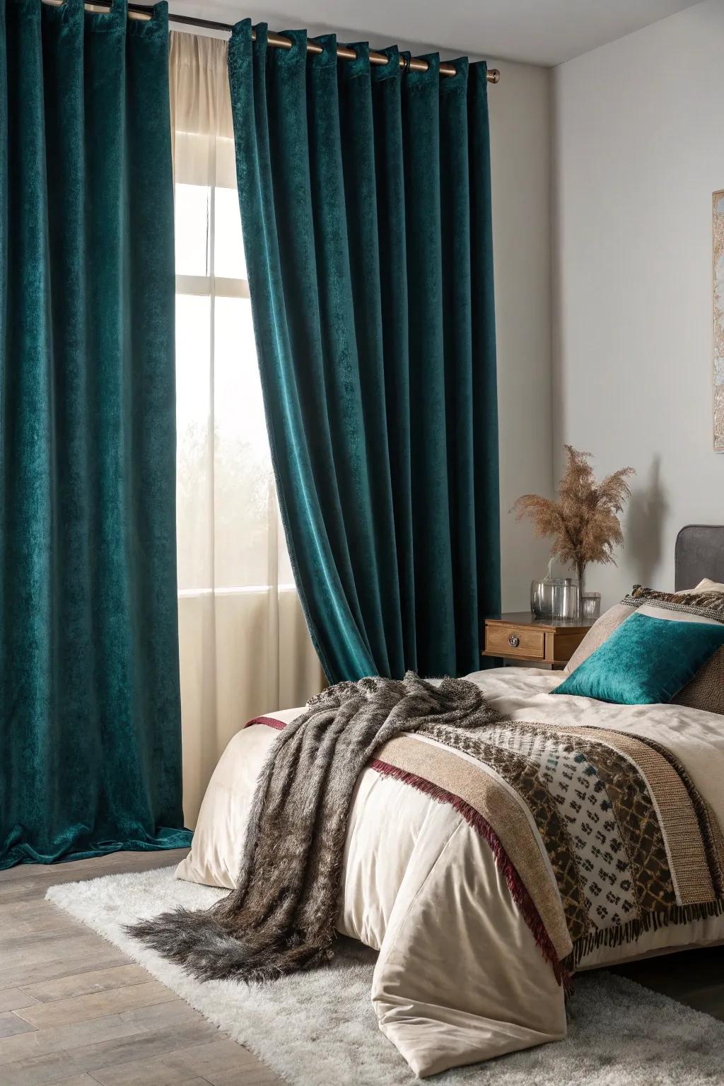 Textures imbue a lavish layer of comfort to a dark teal space.