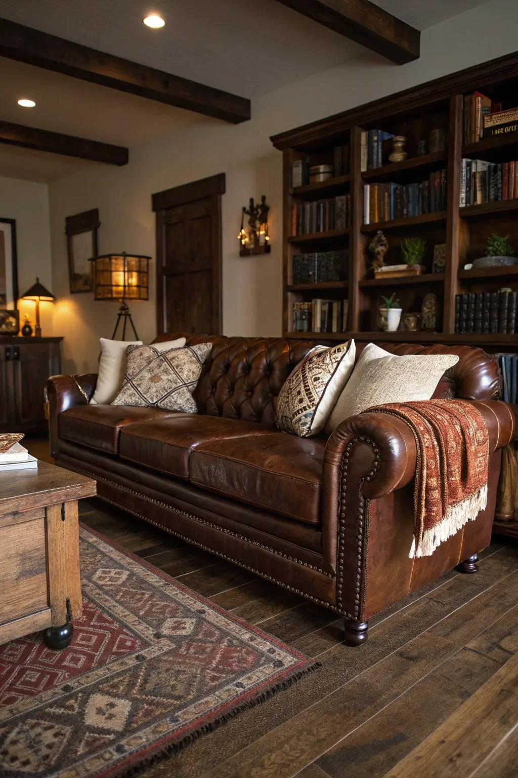 Deluxe leather sofas stand elegantly on deep-toned wooden floors.