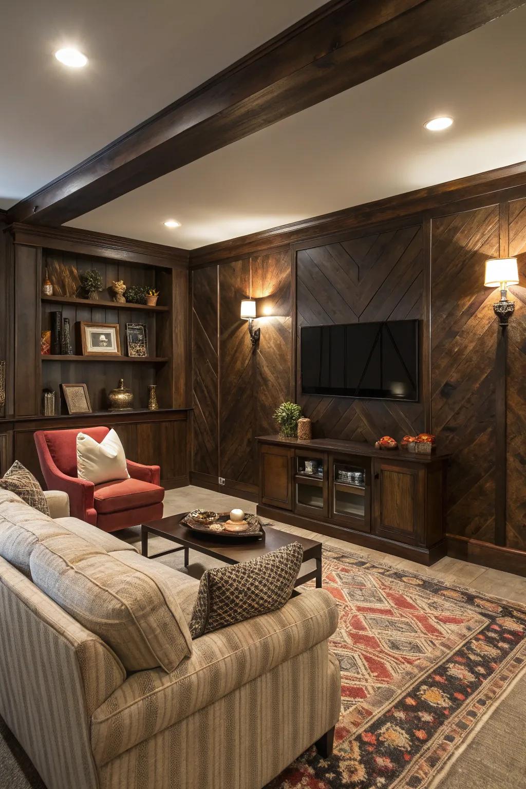 A dark wood accent wall adds a luxurious touch.