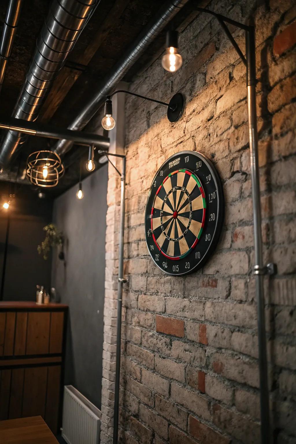 Industrial appeal with a brick wall serving as the backdrop for your dart board.