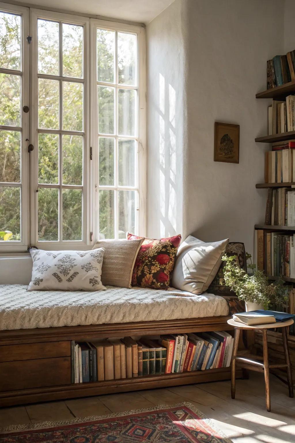 Daybed placed near the window for a reading nook