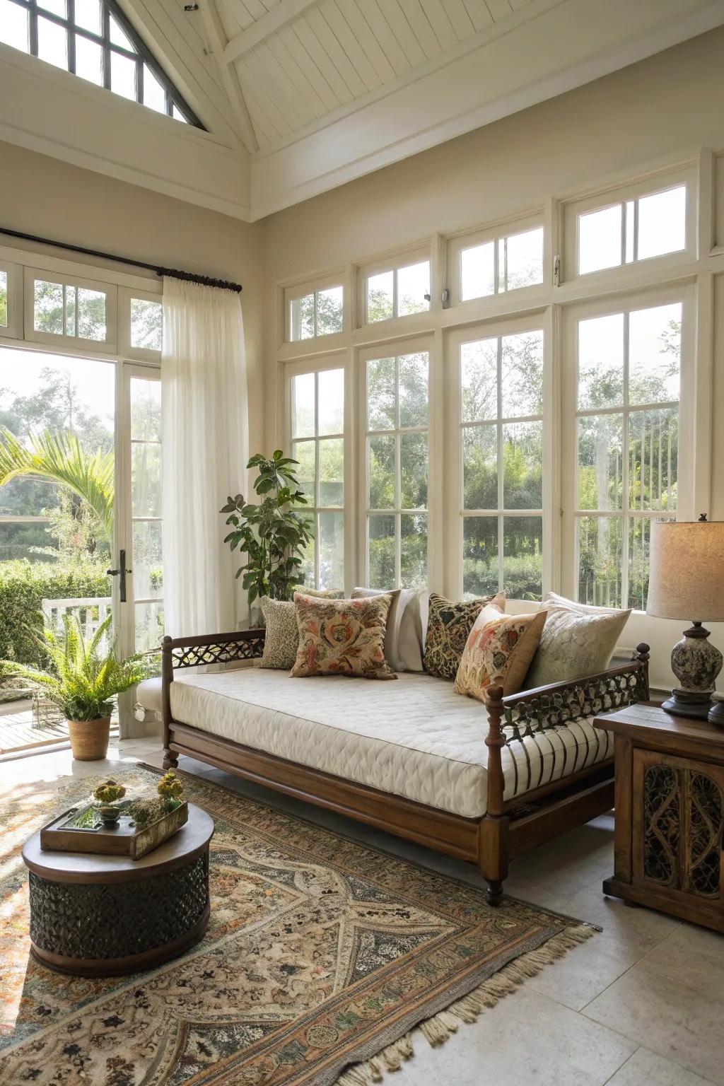 A centrally arranged daybed altering the dynamic of the space.