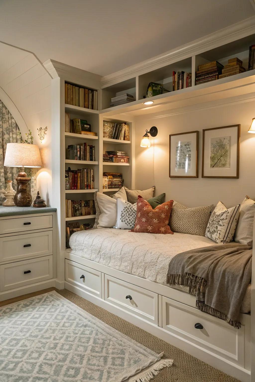 Built-in shelving gives you storage and style around your sofa bed.
