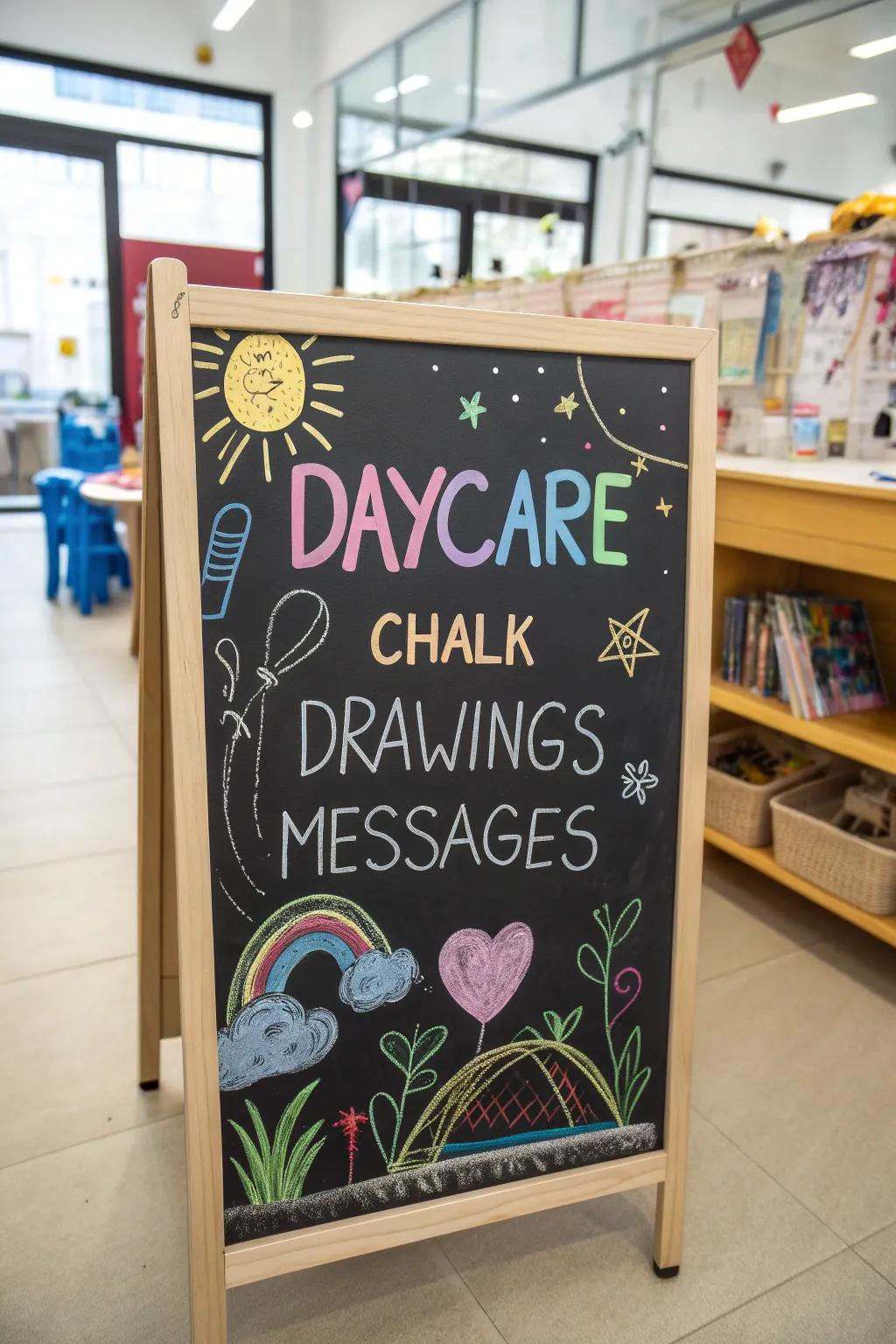 A charming slateboard display at a daycare, filled with vibrant illustrations and tailored announcements.