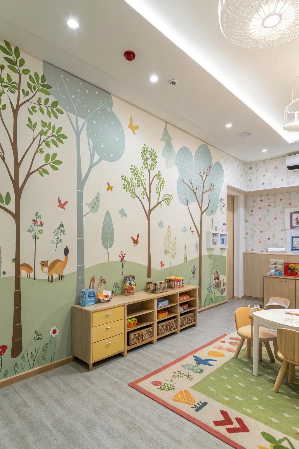 A daycare room with lovely forest-themed wallpaper.