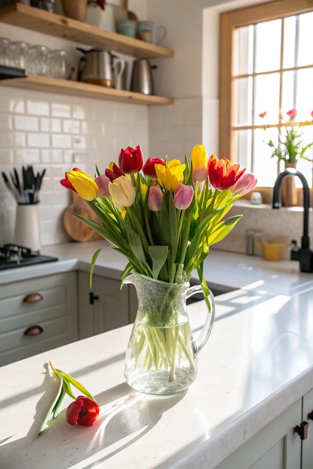 An elegant vessel repurposed as a holder for vivid tulips.