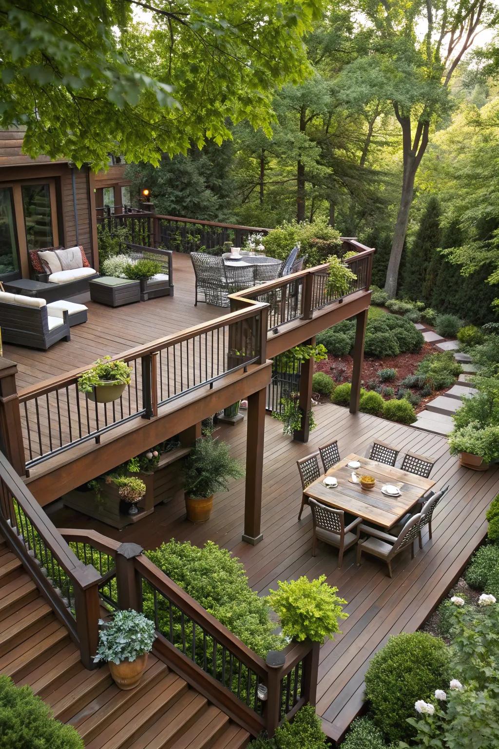 An exquisitely tiered deck featuring diverse areas for different activities.