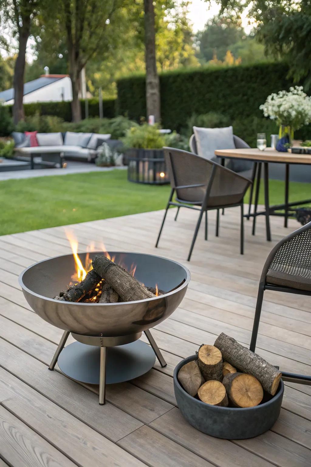 A metal hearth gives a modern air to your deck, great for today's spaces.