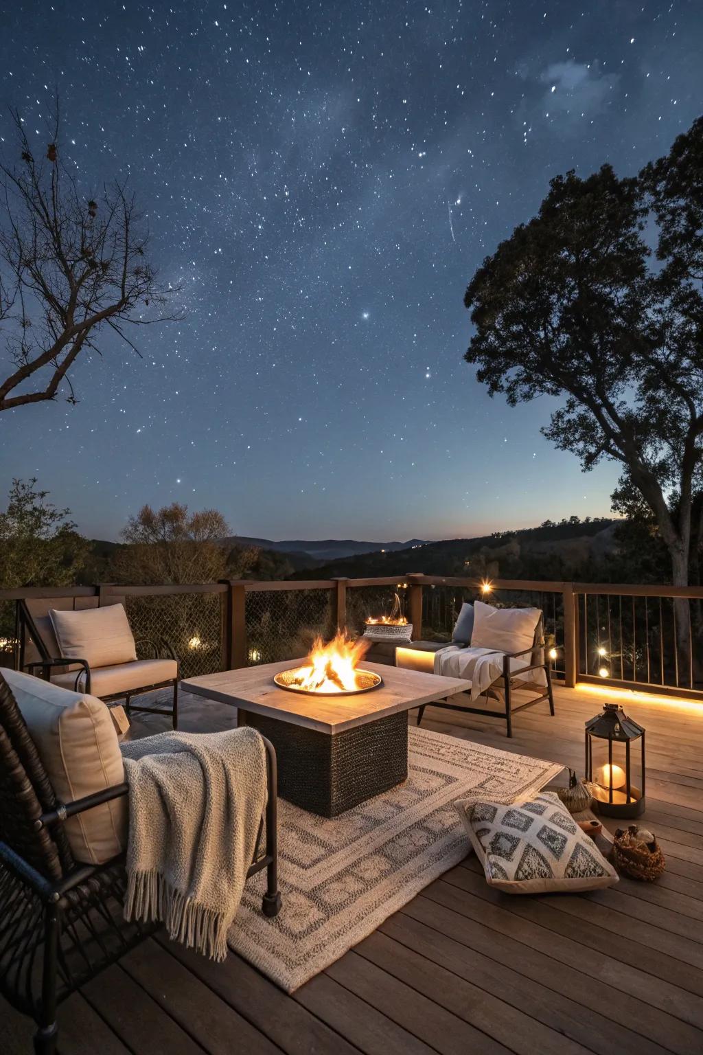 A hearth centerpiece functions as a warm, captivating point of focus for your deck.