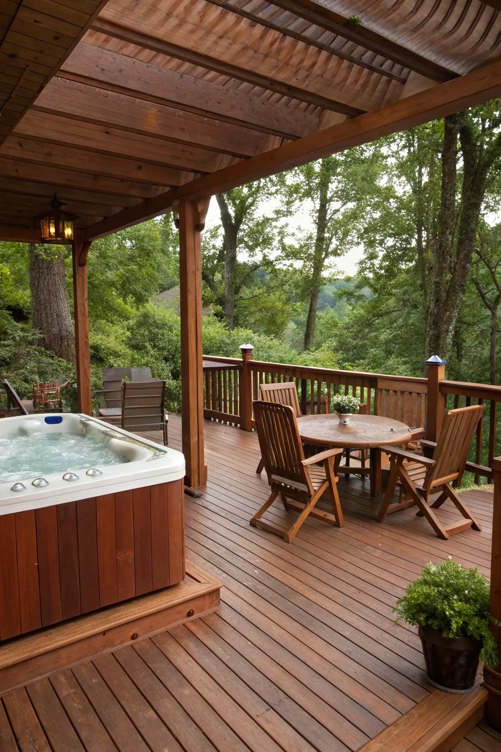 An inviting deck with pleasant wooden accents surrounding the hot tub.