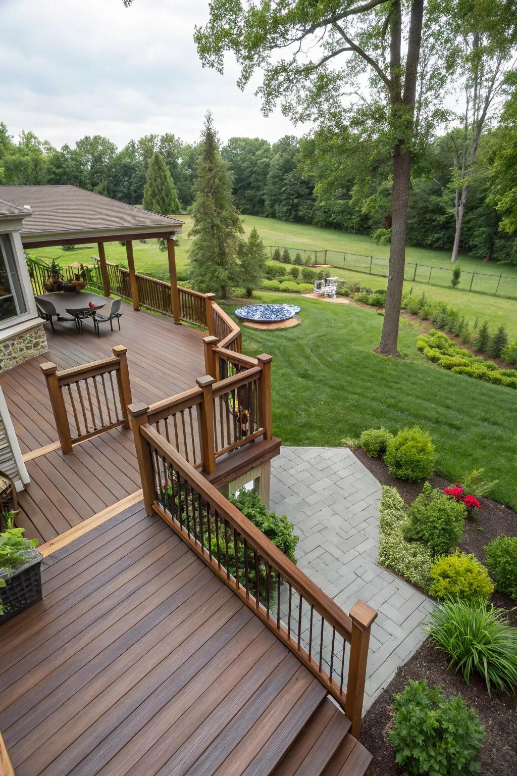 Tiered steps offer a grand and inviting entrance to the deck