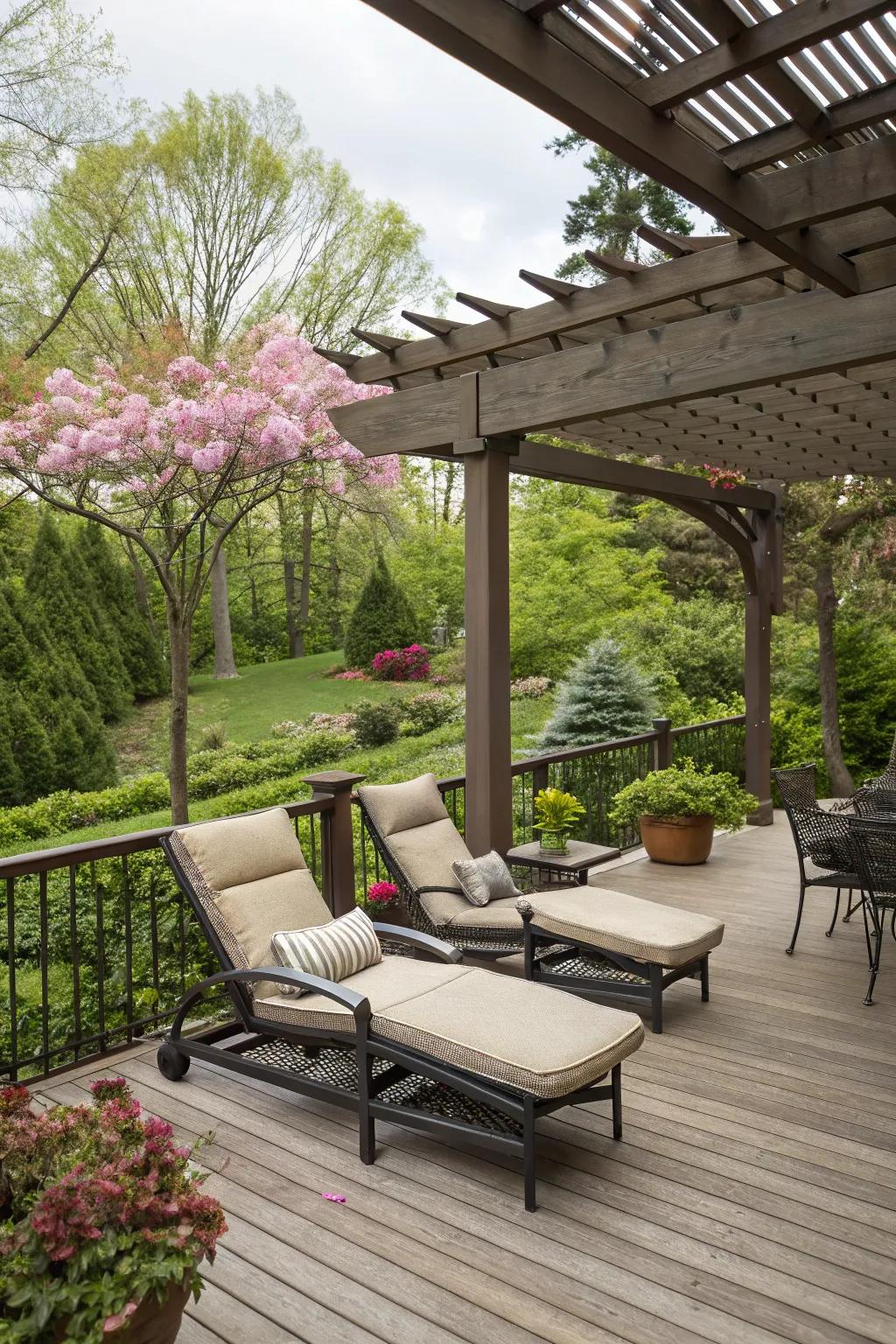 A serene relaxation zone beneath a pergola, ideal for unwinding.