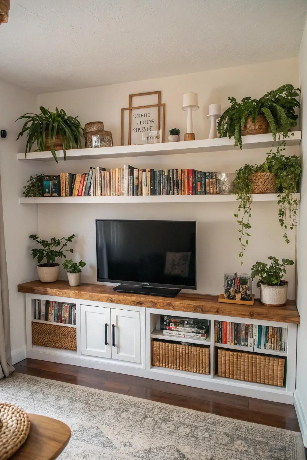 Incorporating floating shelves enriches both practicality and elegance in the TV area.