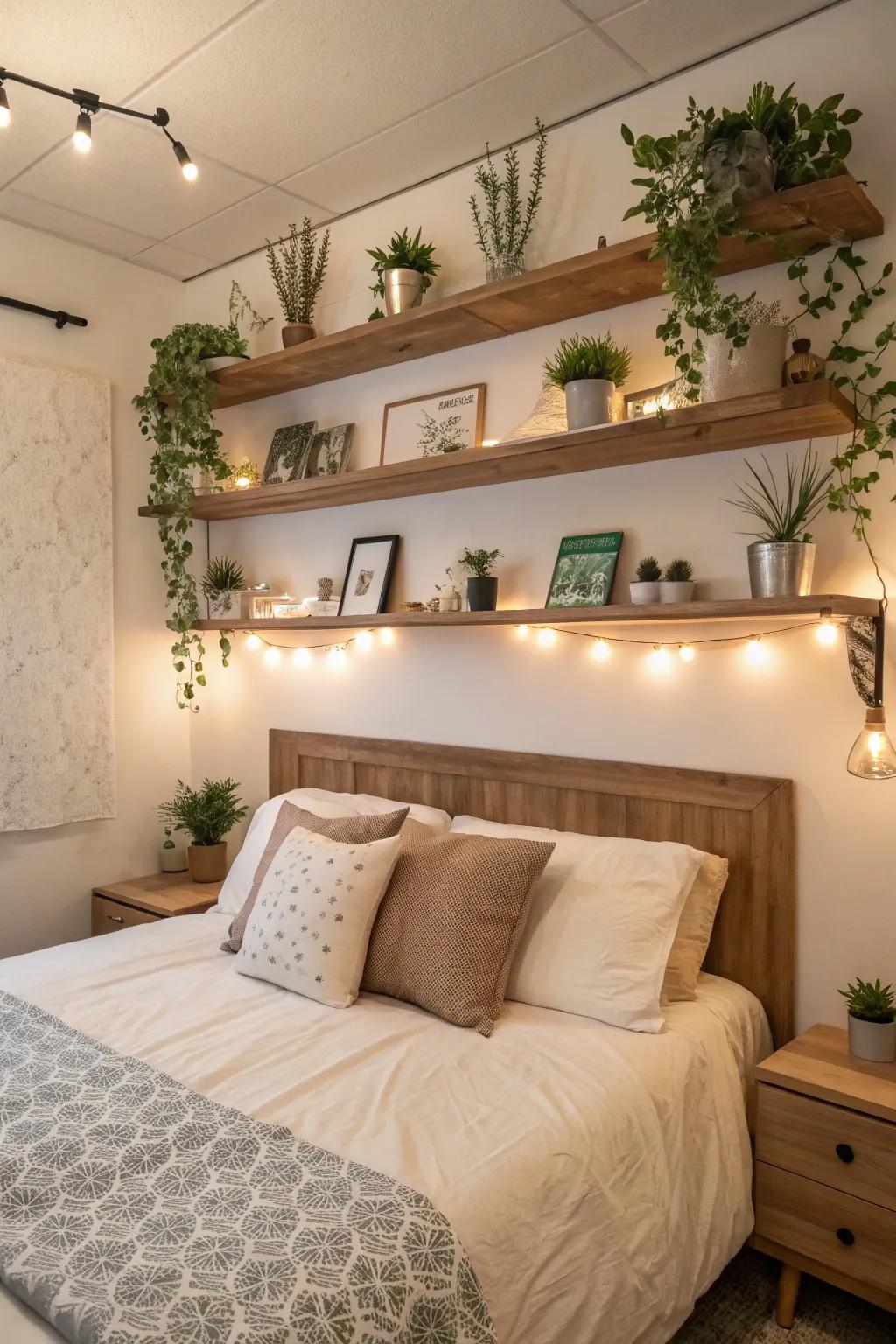 Floating shelves offer a dynamic space to showcase your treasures.