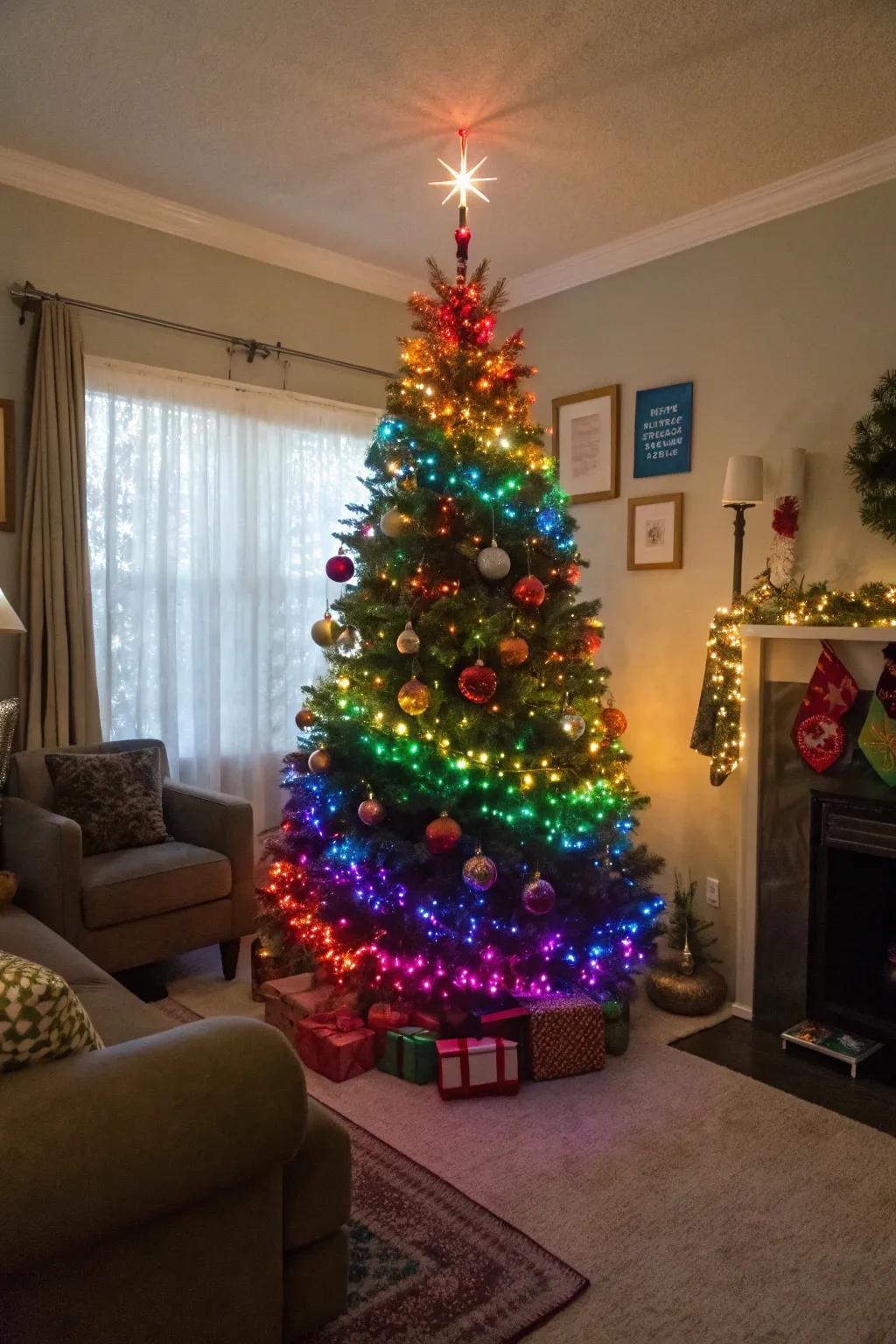 A spectrum-themed Christmas tree showcasing multi-shade glows and matching spherical decorations.