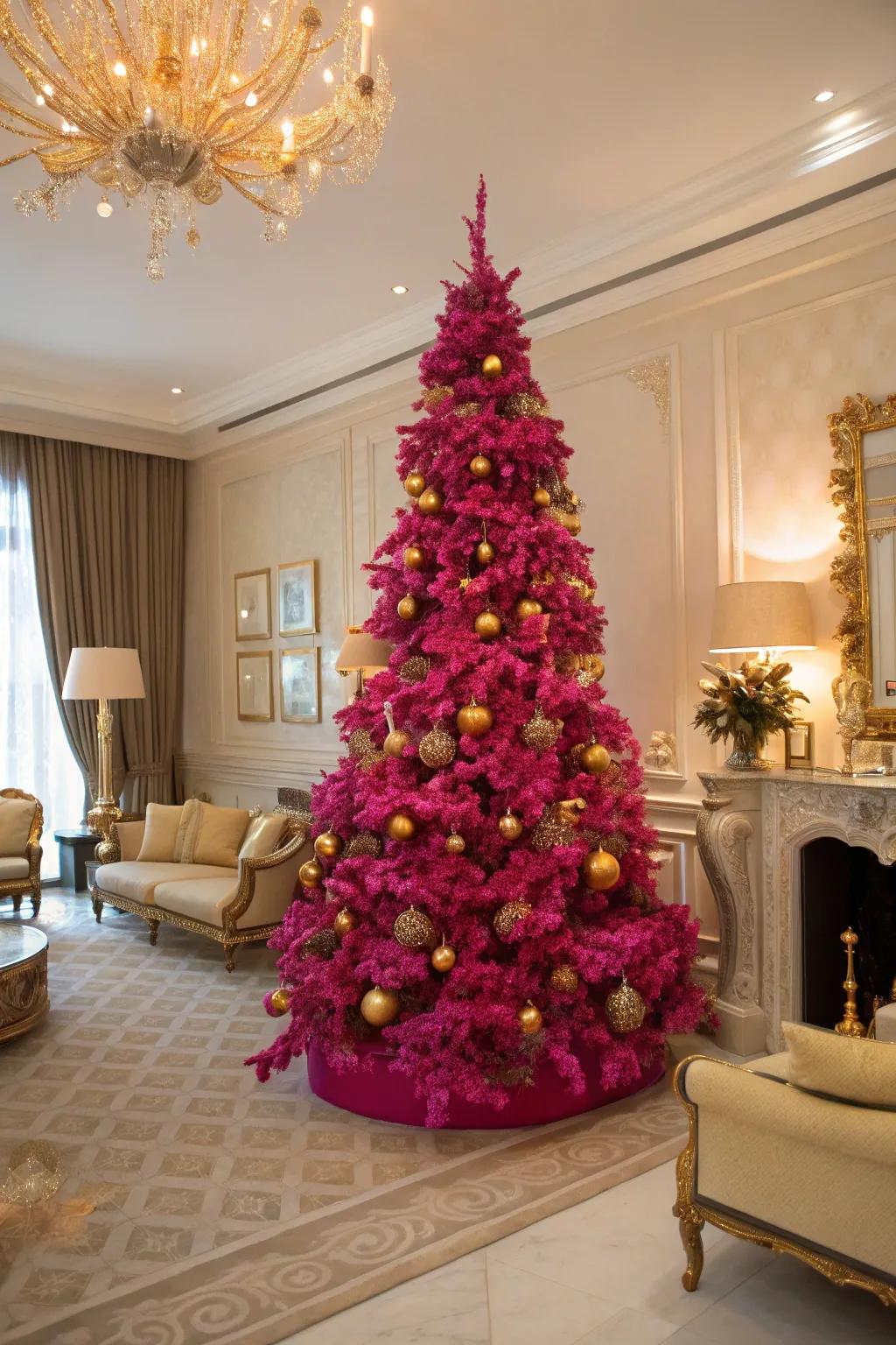 A bright fuchsia tree sparkling with golden accents.