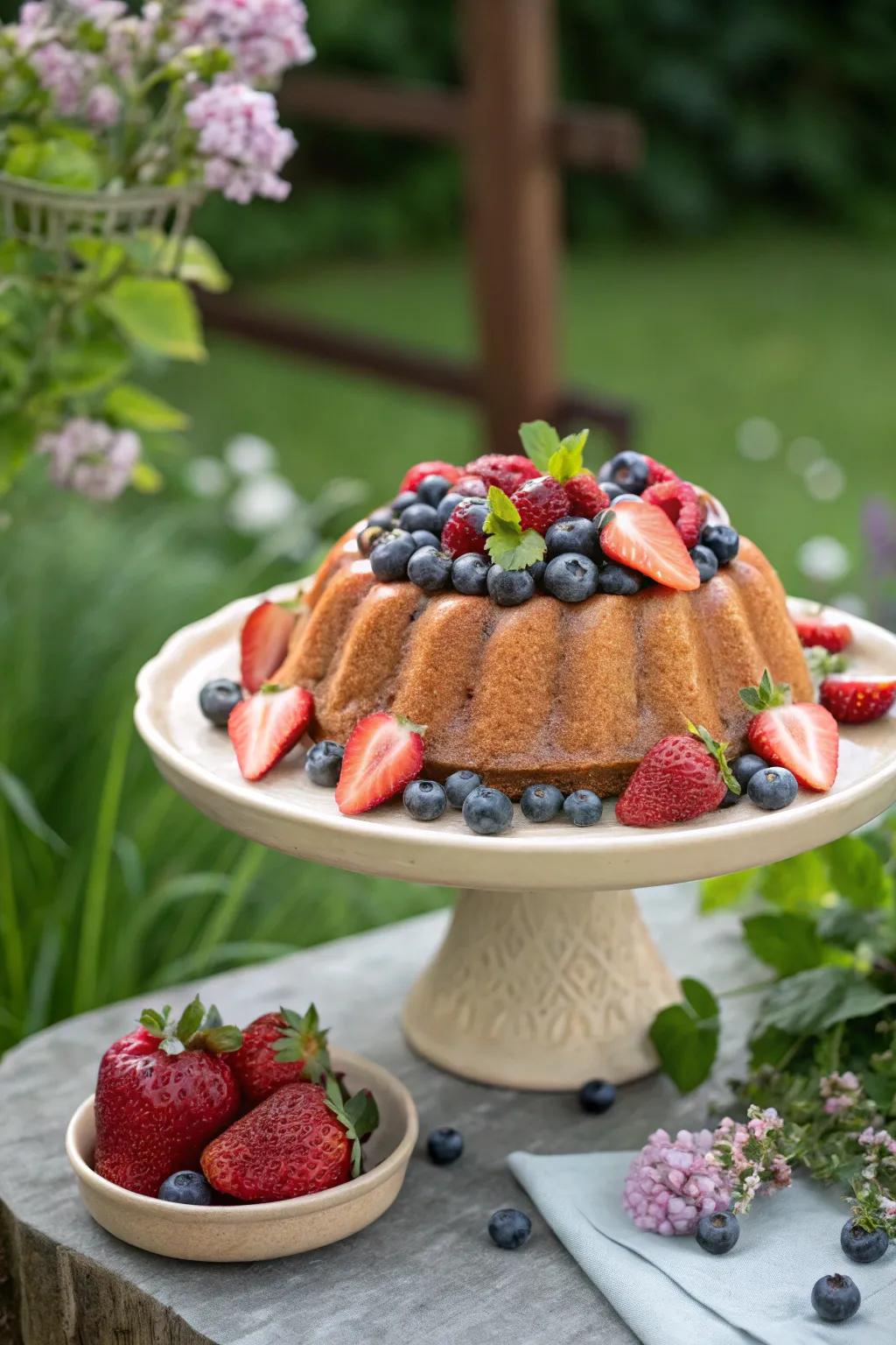 A bundt cake embellished with garden-fresh strawberries and blueberries.