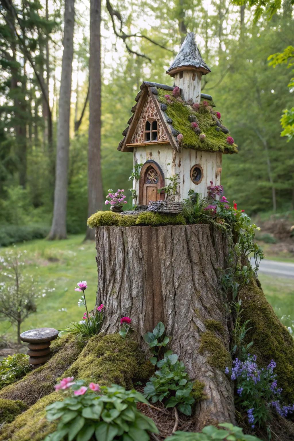 Infuse your garden with enchantment with a fairy house nestled on a tree stump.