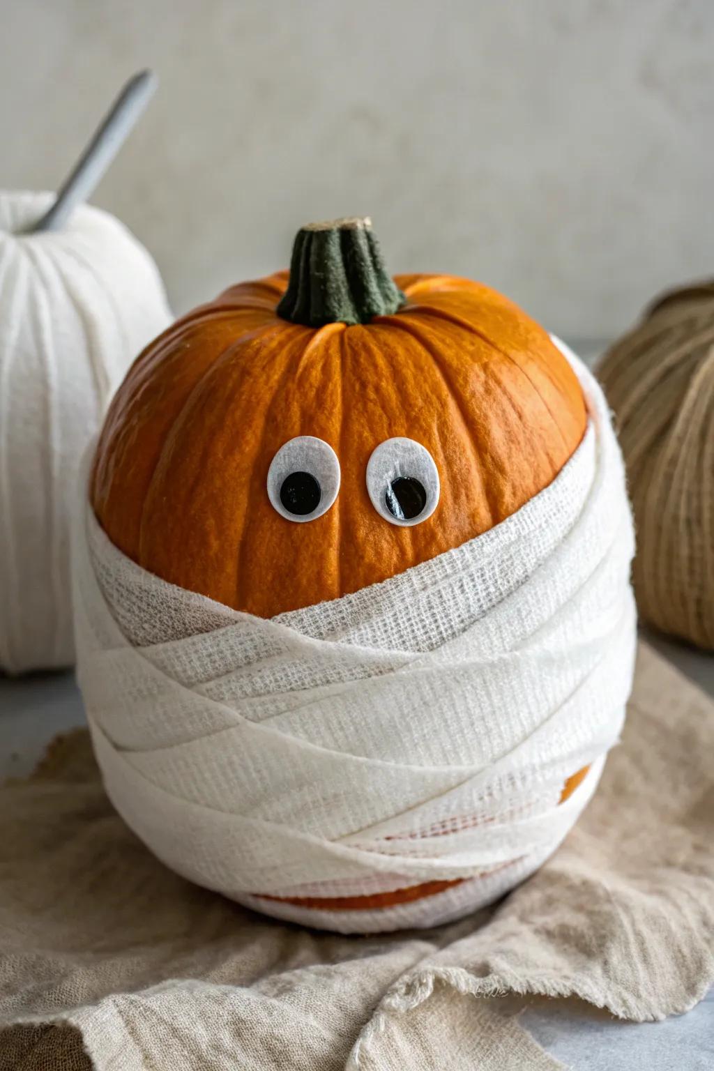 Wrap your pumpkin like a mummy for a whimsical and slightly spooky decoration.