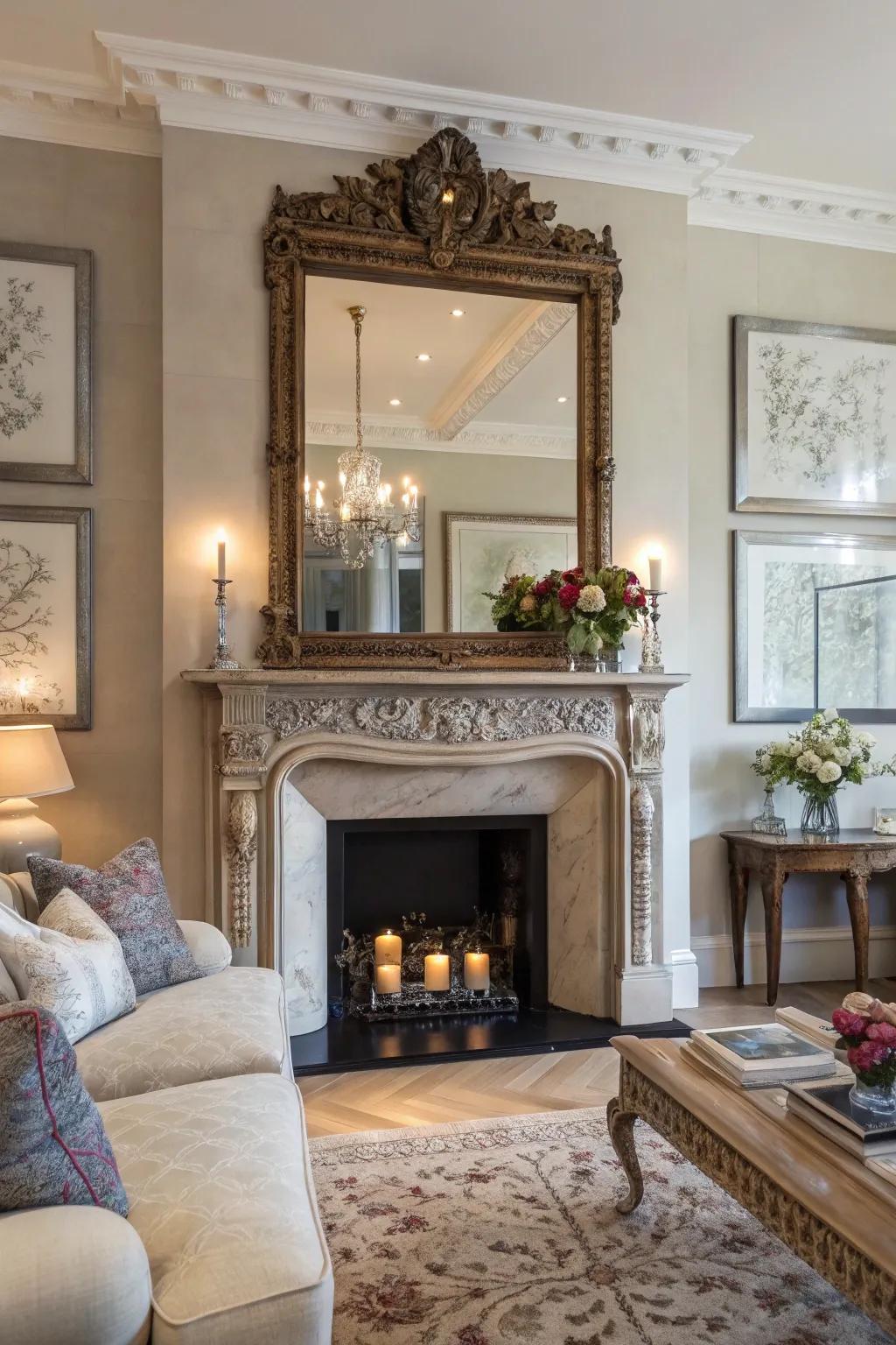An oversized mirror serves as a captivating focal point in the living room.
