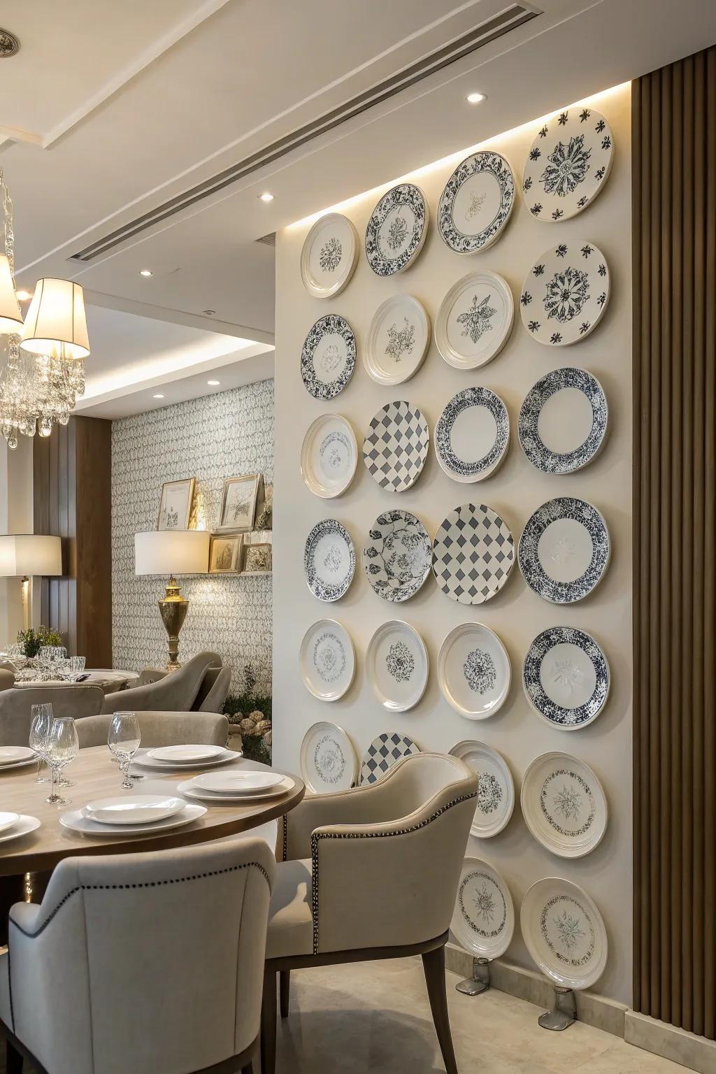 A structured pattern of dishes gives the room symmetry and balance.
