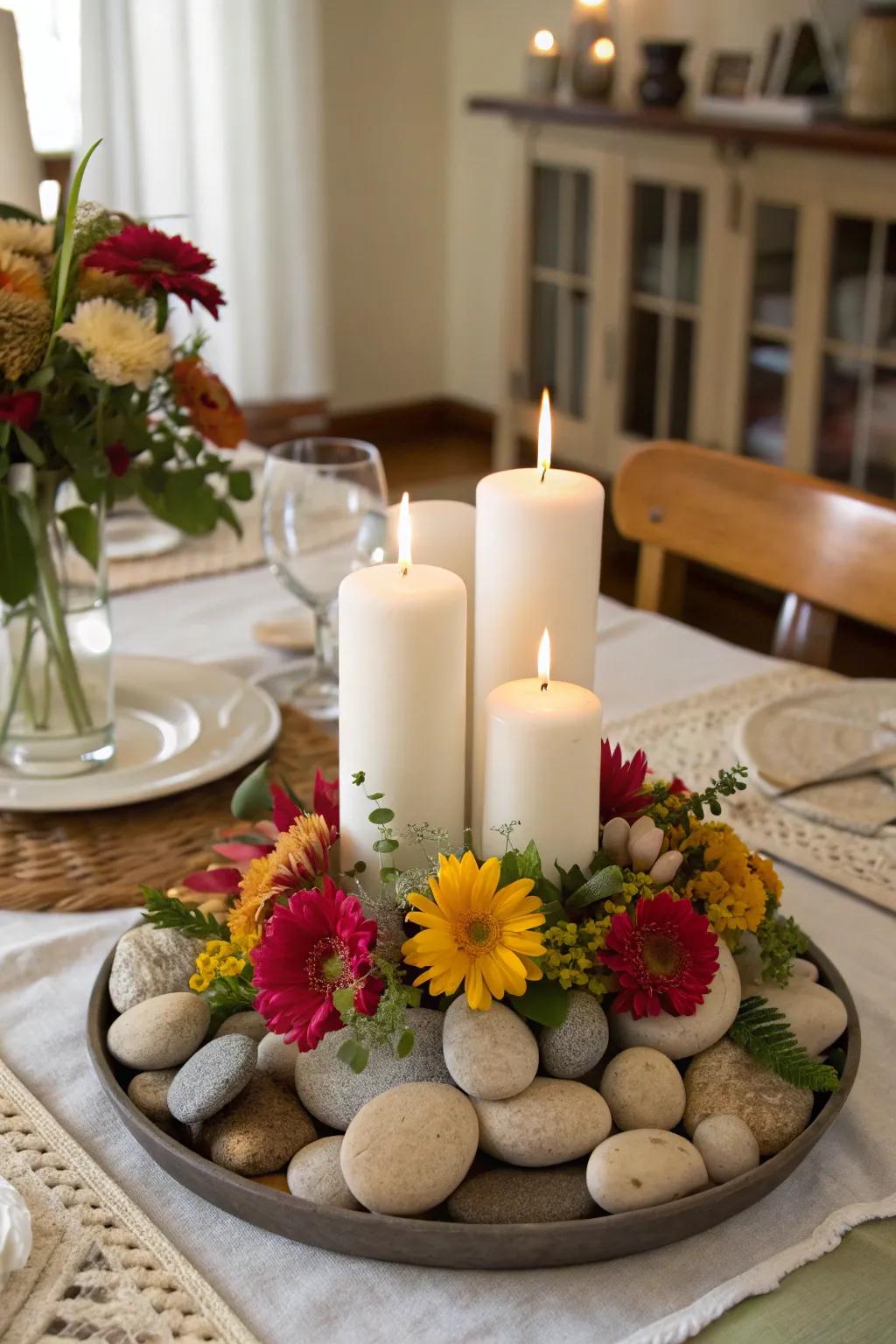 Design an organic table accent with stones for a striking dining display.