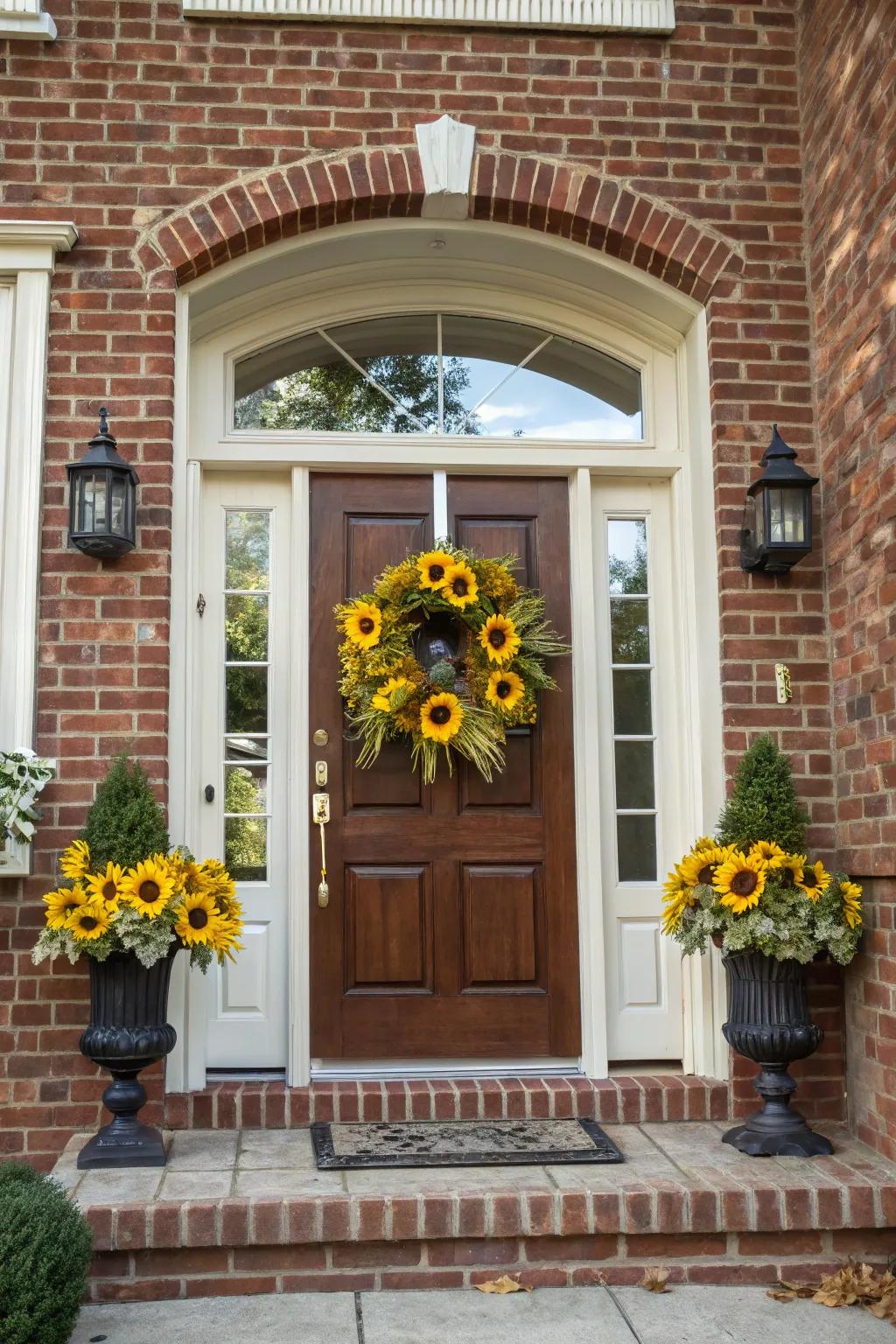 A sunflower wreath introduces a friendly vibe to any entrance.