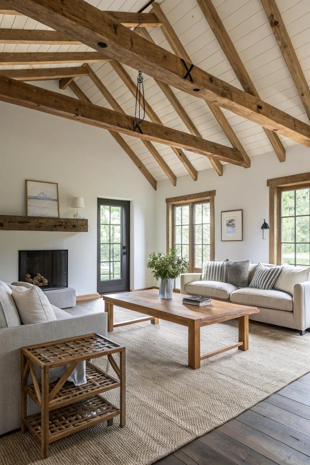 Modern farmhouse style comes to life through the harmonious blend of classic beams and sleek décor.