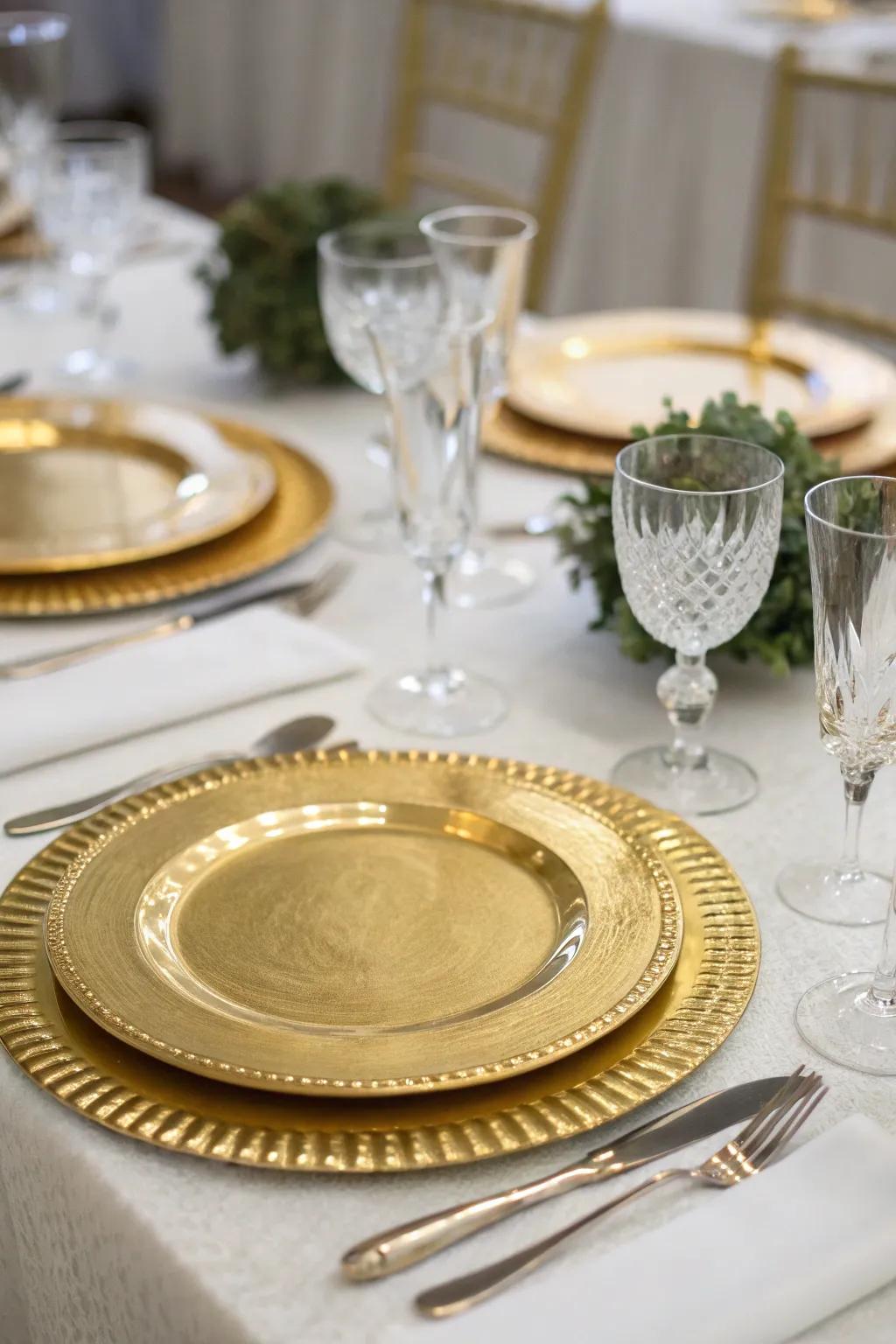 Gilded serving plates contributing an opulent nuance to a formal table arrangement.