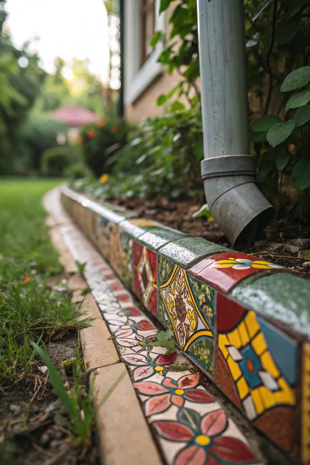 Mosaic tiles bring a burst of color to your downspout area.