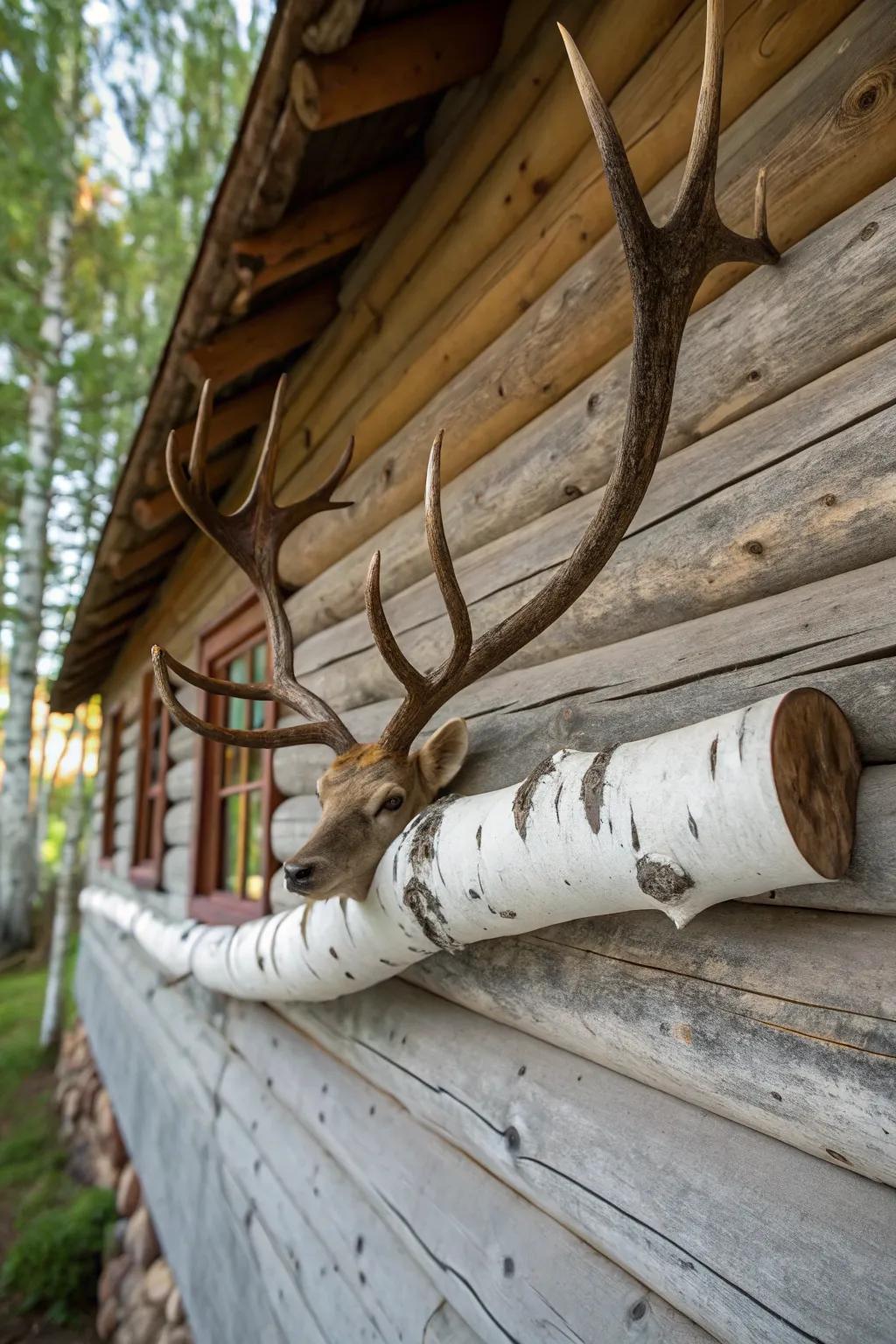 Deer antlers mounted on a pale branch bring natural charm to a cozy cabin wall.