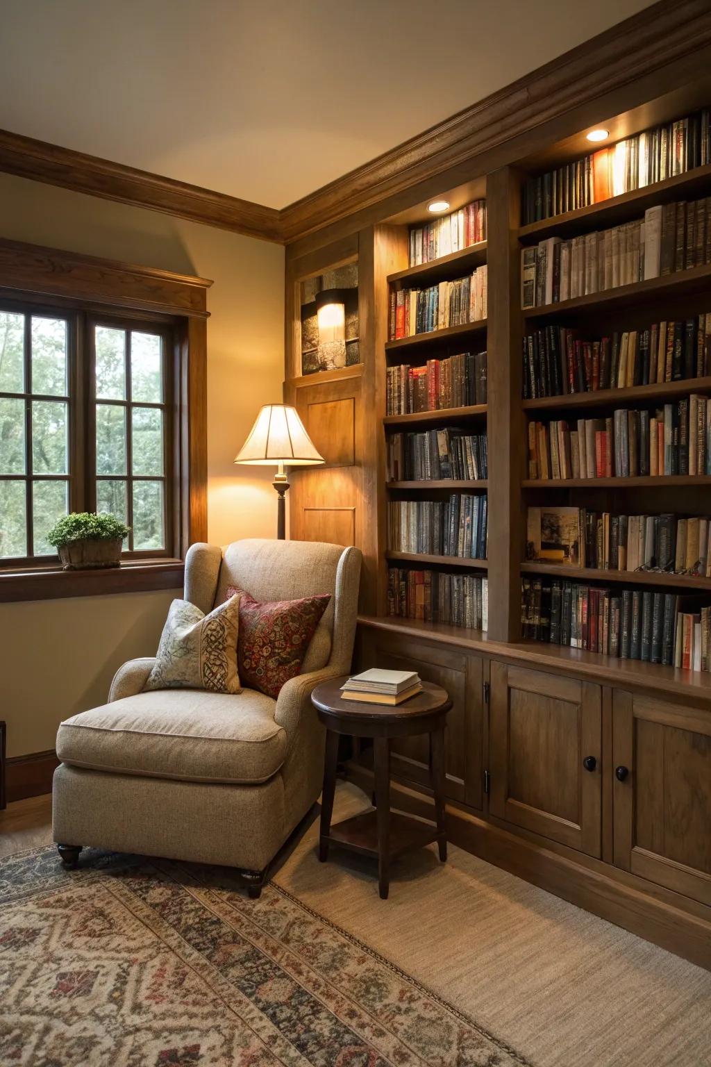 A serene den featuring a bookcase-lined wall and a reading corner.