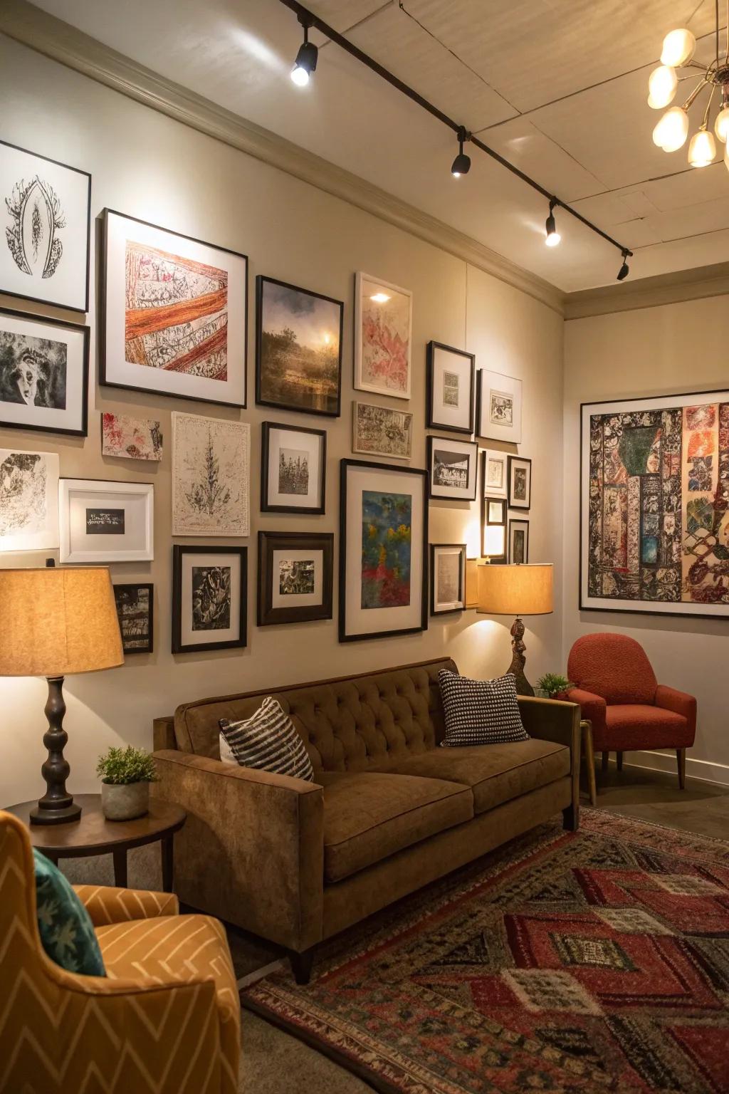 A den showcasing a customized gallery wall filled with various artworks.