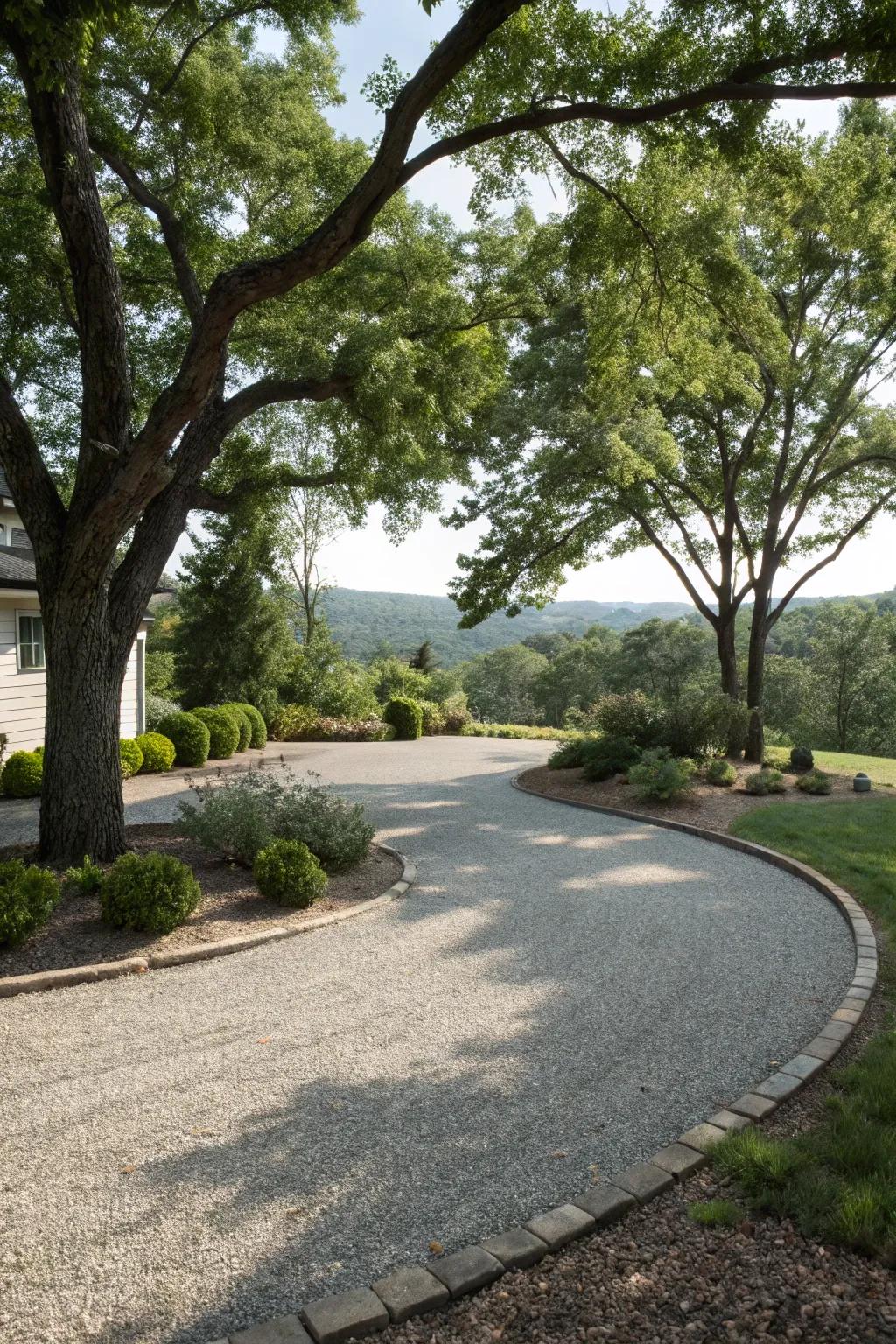 This gravel driveway radiates rustic appeal, harmonizing flawlessly with the surrounding landscape.