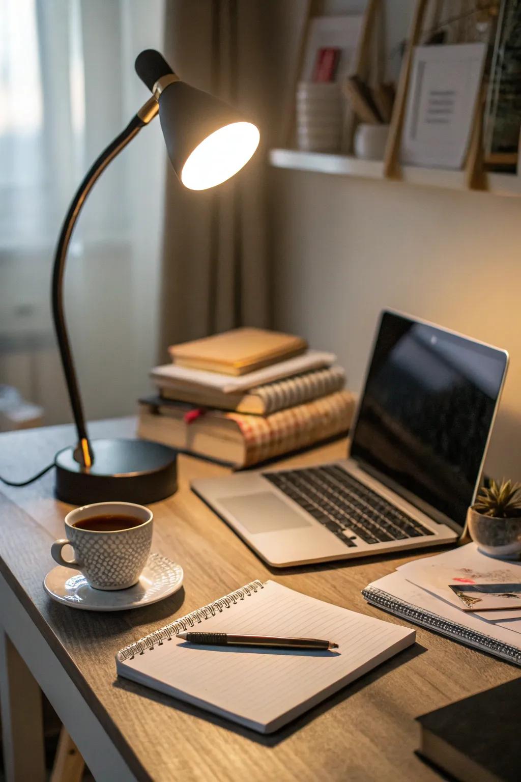A desk illumination creating cozy ambient lighting for a workspace.