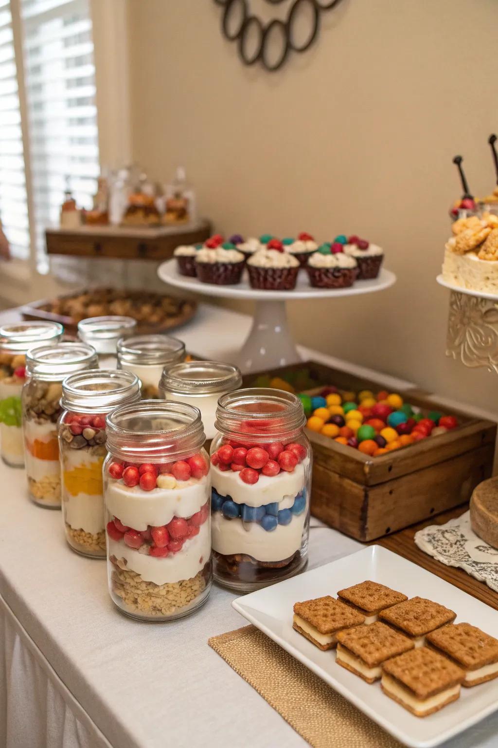Glass jars infuse a sense of rustic charm into dessert displays.