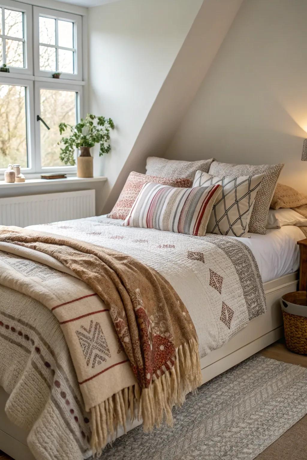 Utilizing layered textiles introduces both warmth and comfort to your bed's diagonal placement.