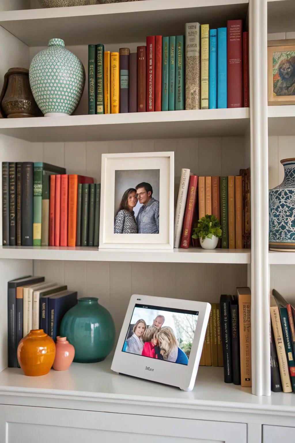 Bookshelves are brought to life with an electronic picture display.