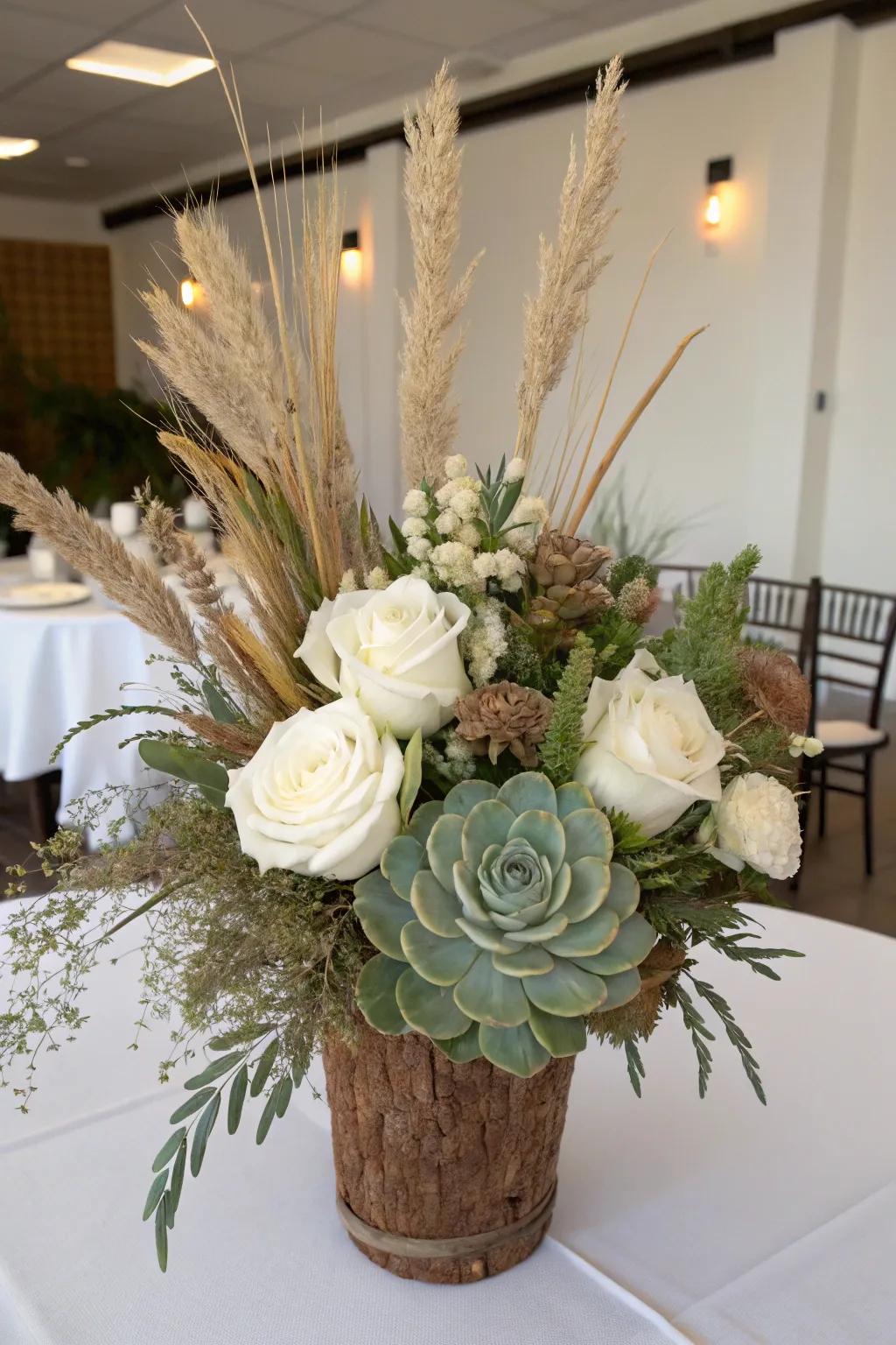 A modern interpretation of botanical centerpieces with added depth.