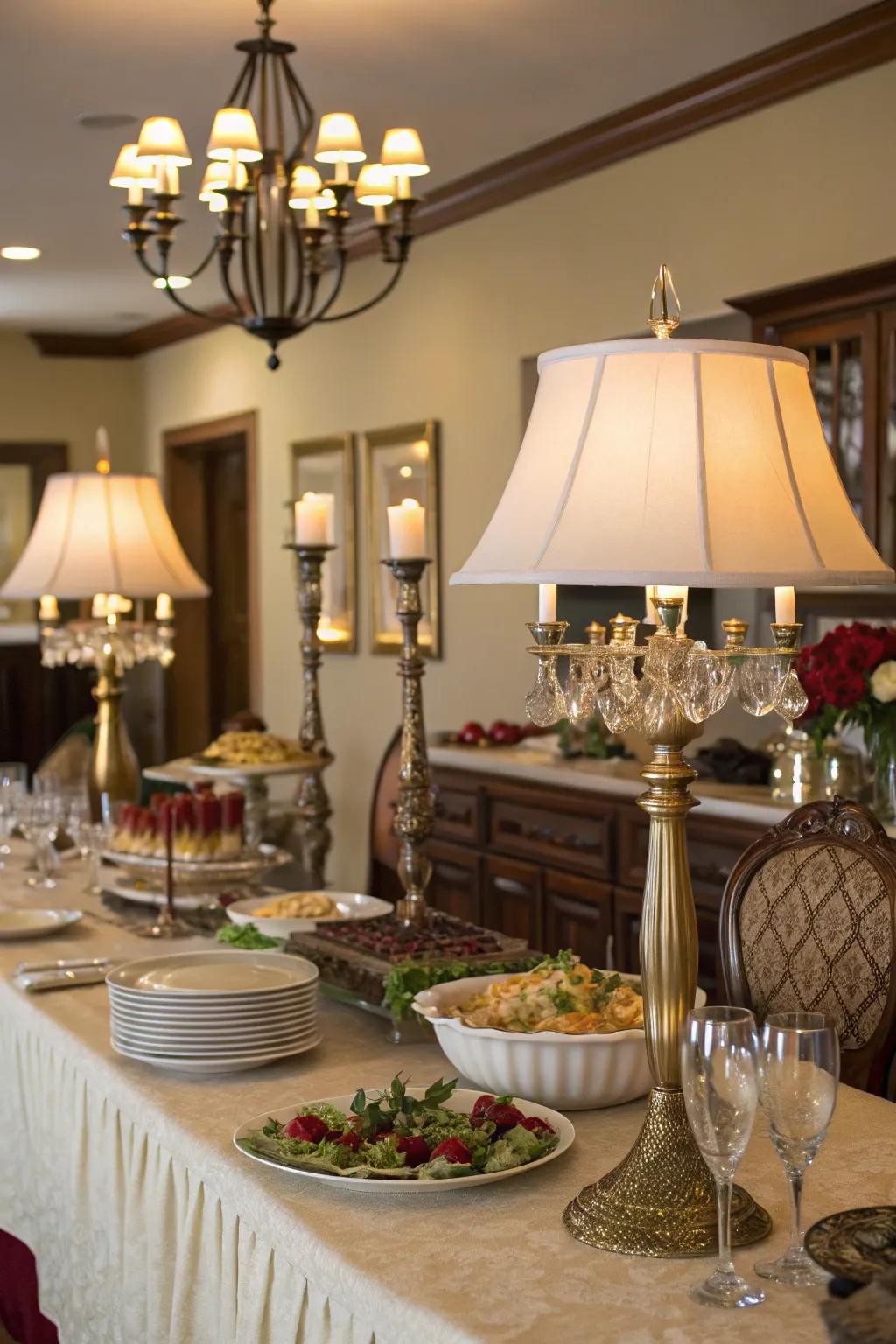 Chic table lamps contribute warmth and panache to this sideboard decoration.