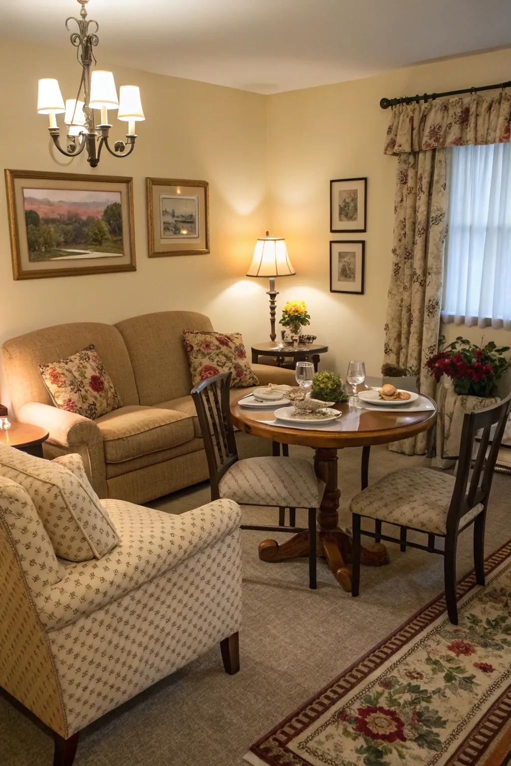 A corner table inside the living room provides a laid-back dining option.