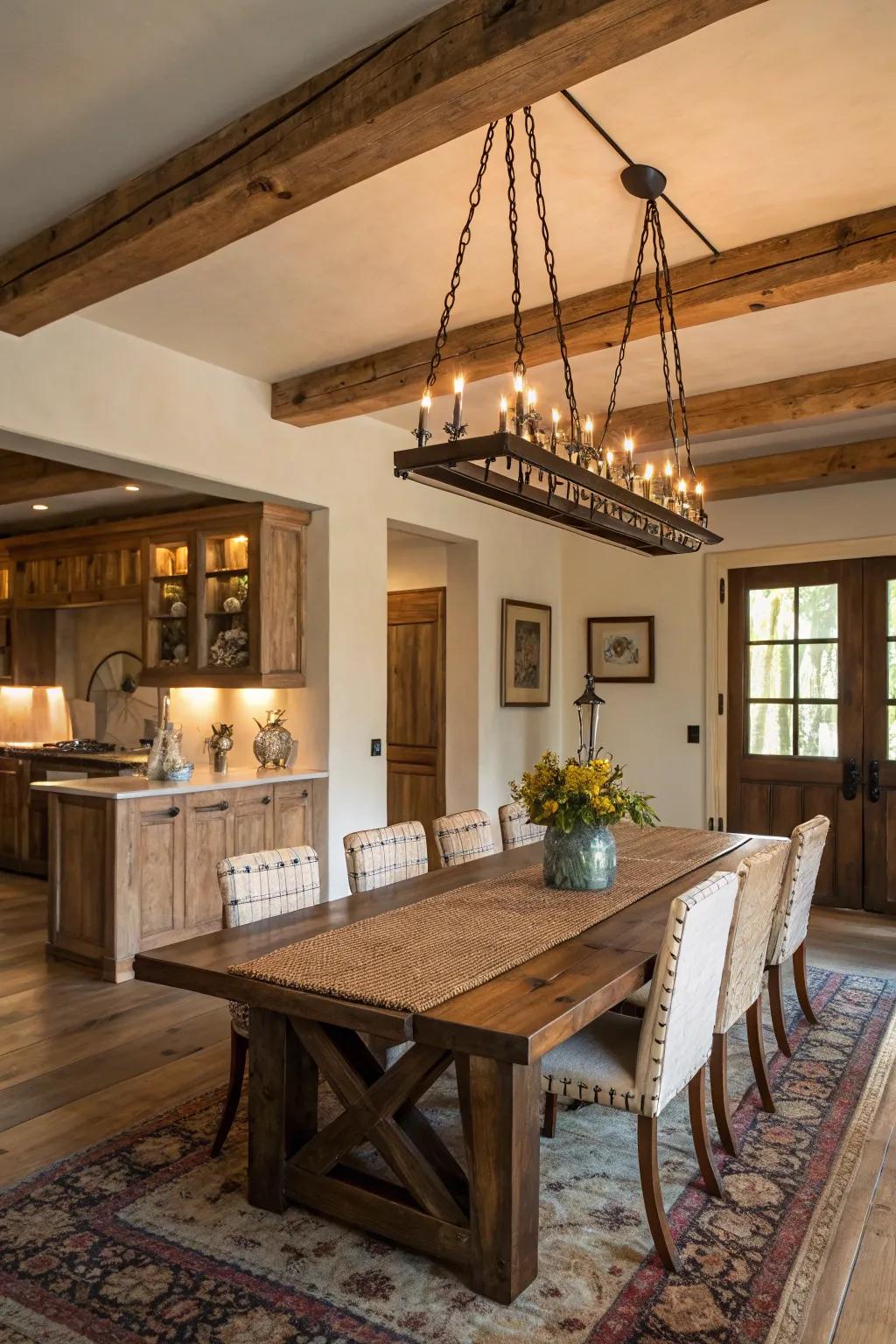 A rustic touch with a wooden beam chandelier overhead.