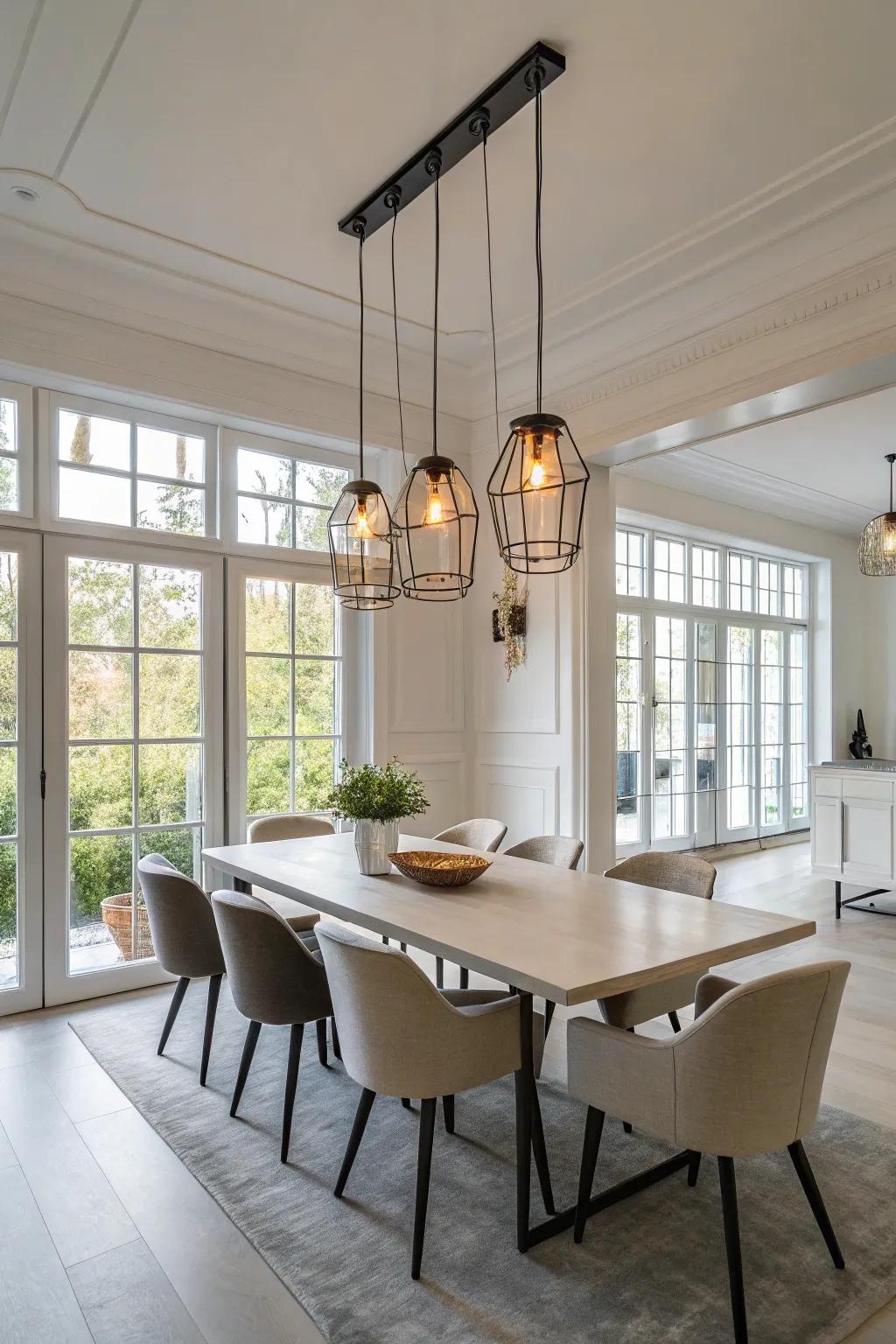 A row of suspended lights introduces a contemporary edge to this dining space.