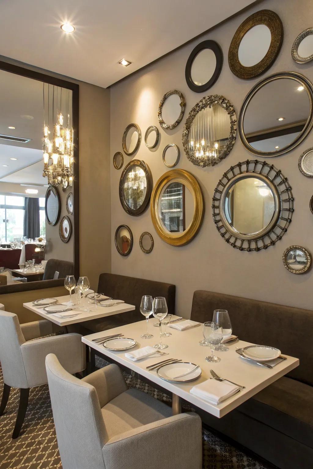 A mirror feature wall introduces an artistic touch to your dining room.