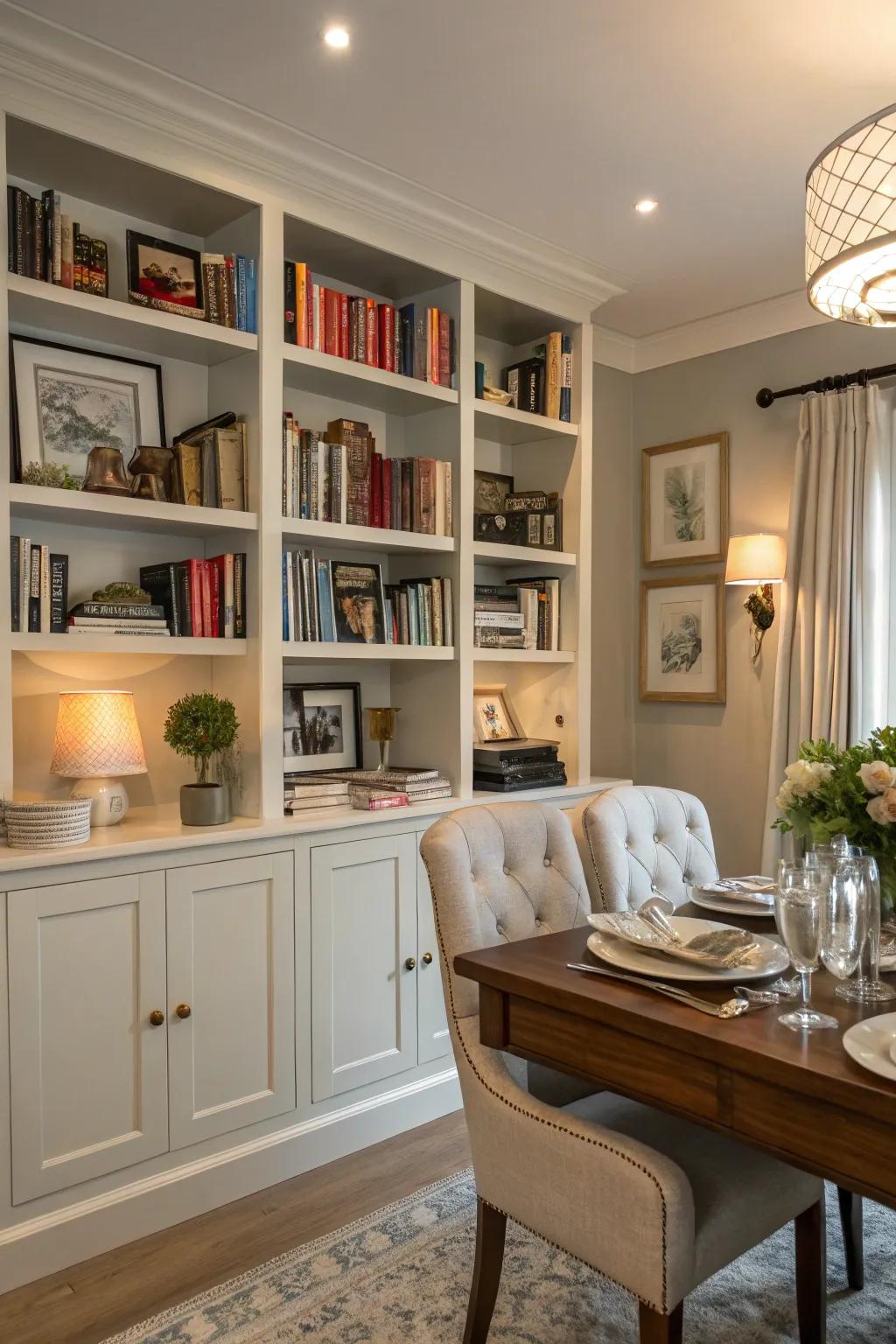 Storage solutions merge seamlessly with the dining room's design.