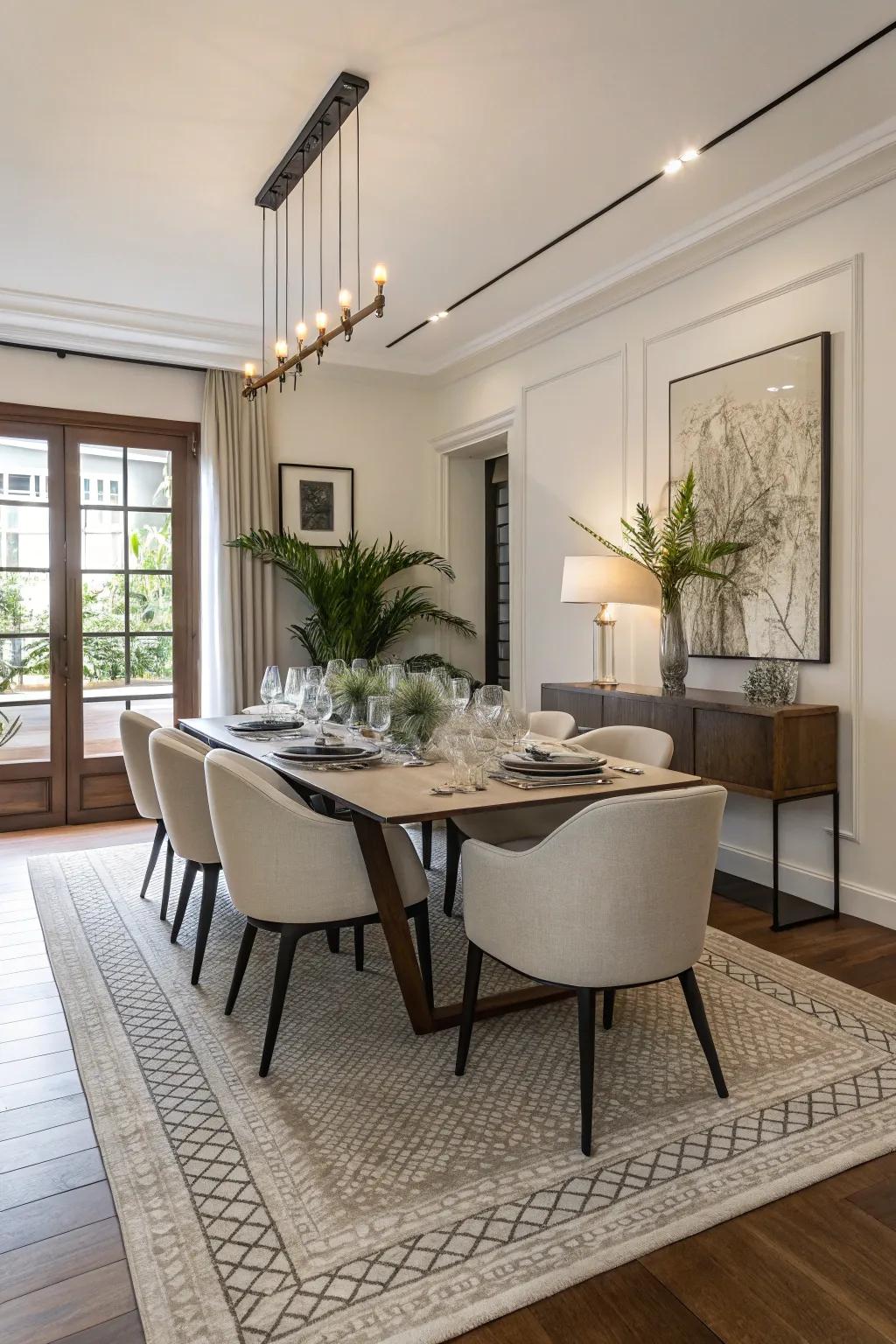 An uncolored rug acting as a flexible foundation within the dining room.