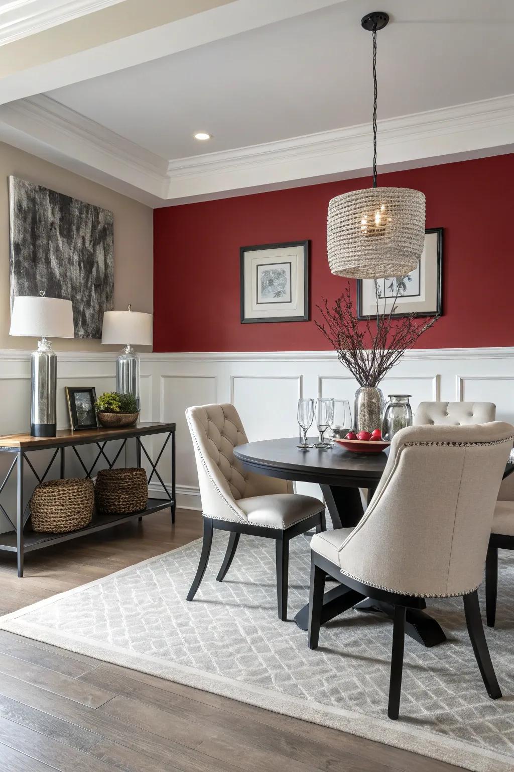 A vibrant color beneath the chair rail fashions a striking, contemporary aesthetic.